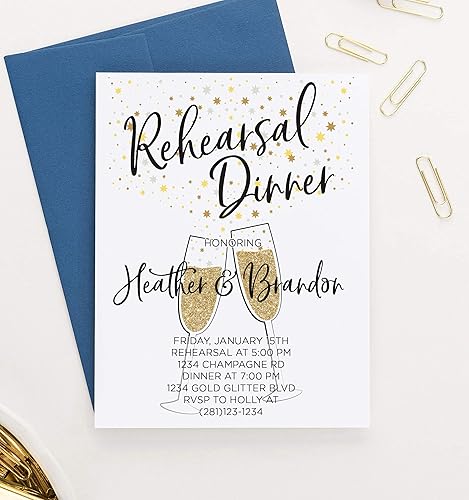 Miniatura 2 de Elegant Rehearsal Dinner Invitation Personalized, Champagne Flutes with Gold, Your choice of Quantity and Envelope Color