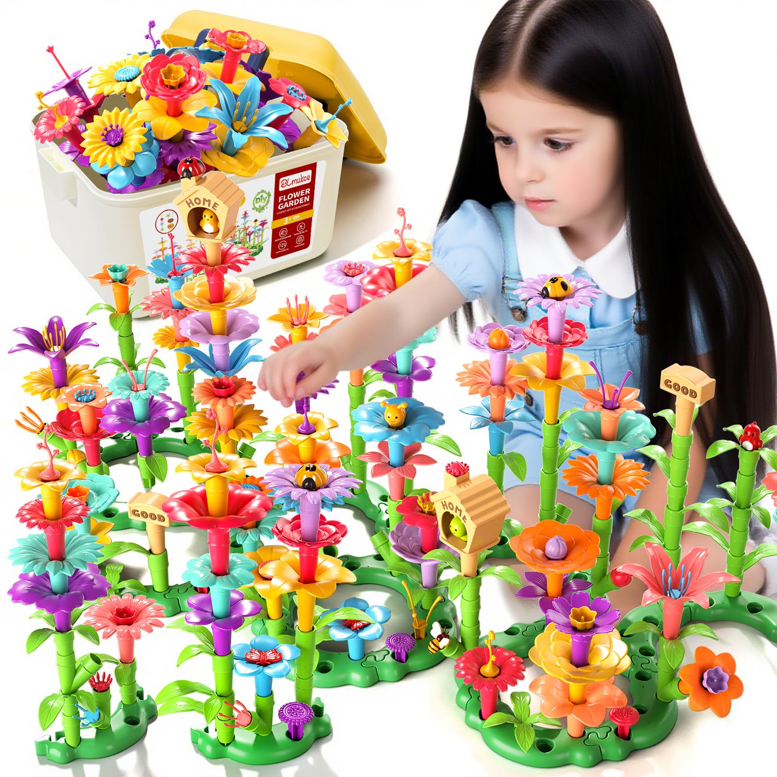 235PCS Flower Garden Building Toys for Kids Ages 3-5, Creative Floral Arrangement Playset with Storage Box, Educational STEM Learning Toys, Gift for 3 4 5 Year Old Girls & Boys