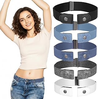 Buckleless Belts for Women, 5 Pcs Adjustable Invisible Elastic Belts For Women & Men, No Buckle Stretchy Waistband, Easy On Off, Anti-Slip Comfort For Dresses Jeans Pants