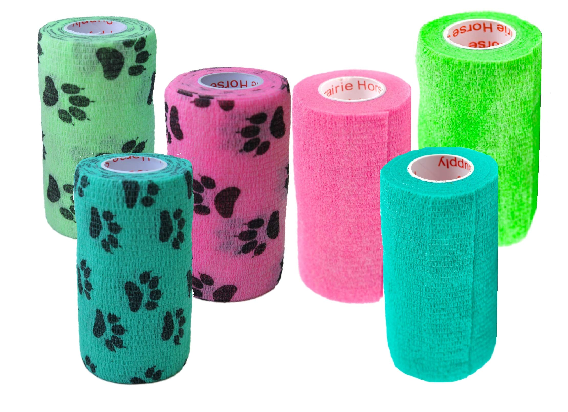 6 Pack Premium Vet Wrap - Self Adhesive Bandage Wrap &amp; Athletic Tape - 4" x 5 Yards Elastic &amp; Self-Sticking Cohesive Bandage for Pets, Sports, Wrists &amp; Ankles - Paw Patterns by Prairie Horse Supply