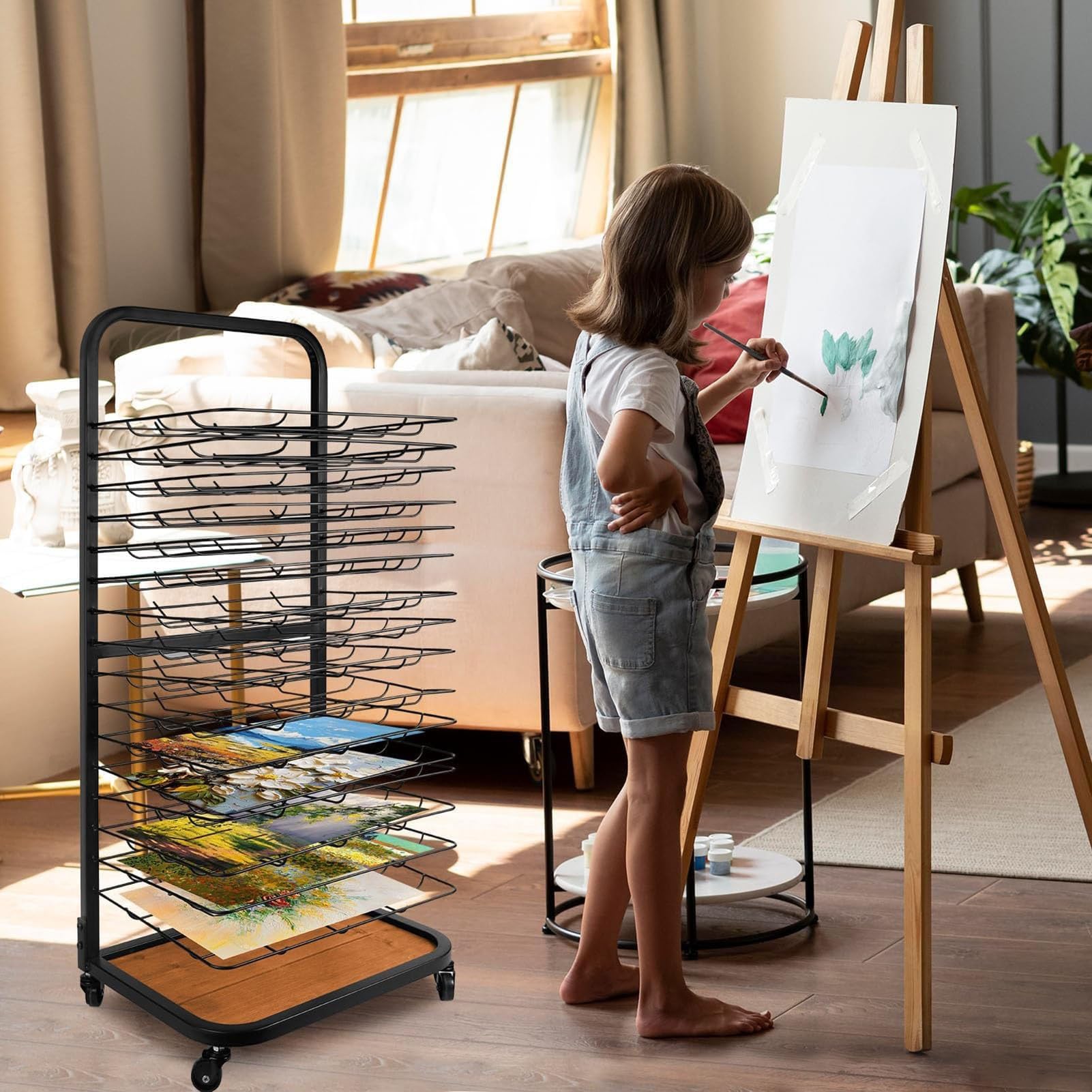 Estante de secado de arte, estante de metal resistente para manualidades con estantes flexibles, estante móvil de secado de pintura con ruedas bloqueables, ideal para escuelas y estudios de arte
