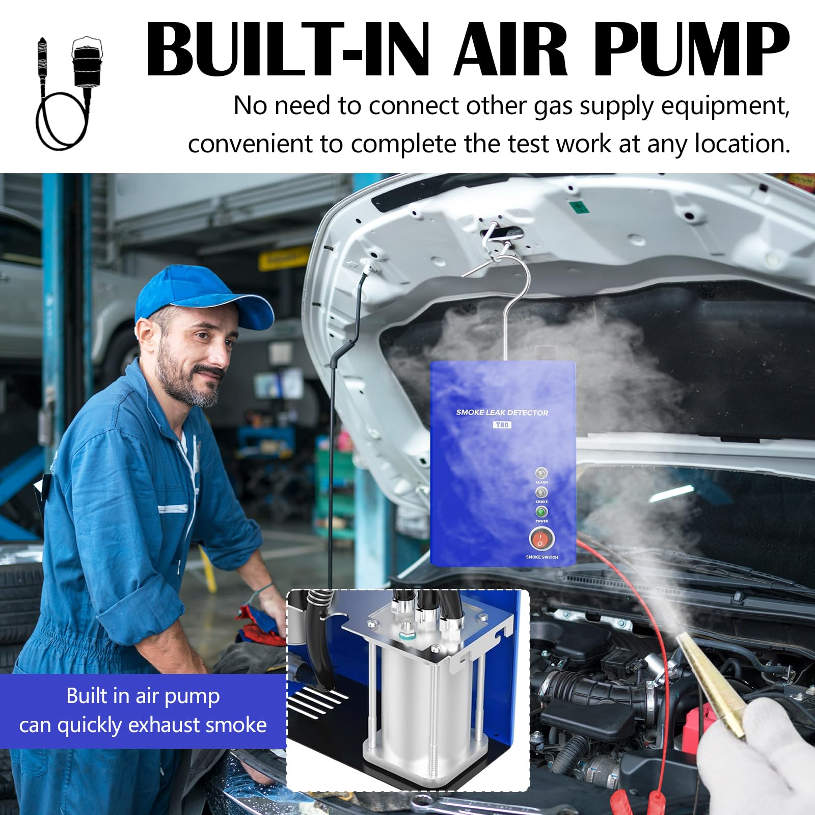 Máquina de Humo 12V para detección de Fugas EVAP, Kit Detector de Fugas para Coche Moto camión y Barco, con Pinzas de alimentación adaptadores y Tubo de Humo