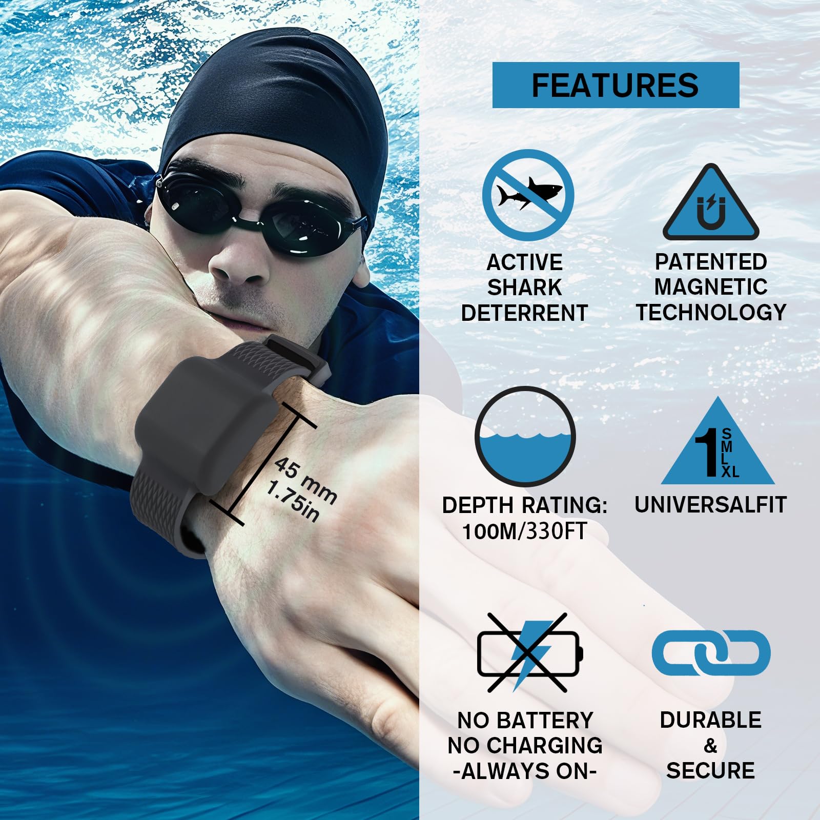 TEE-TEA Magnetic Shark Deterrent Wristband - Shark Repellent Strap For Surfing, Scuba Diving, Snorkeling, Swimming & Ocean Water Sports | Portable Anti Shark Device For Men Women Kids (Ocean Blue - View #3