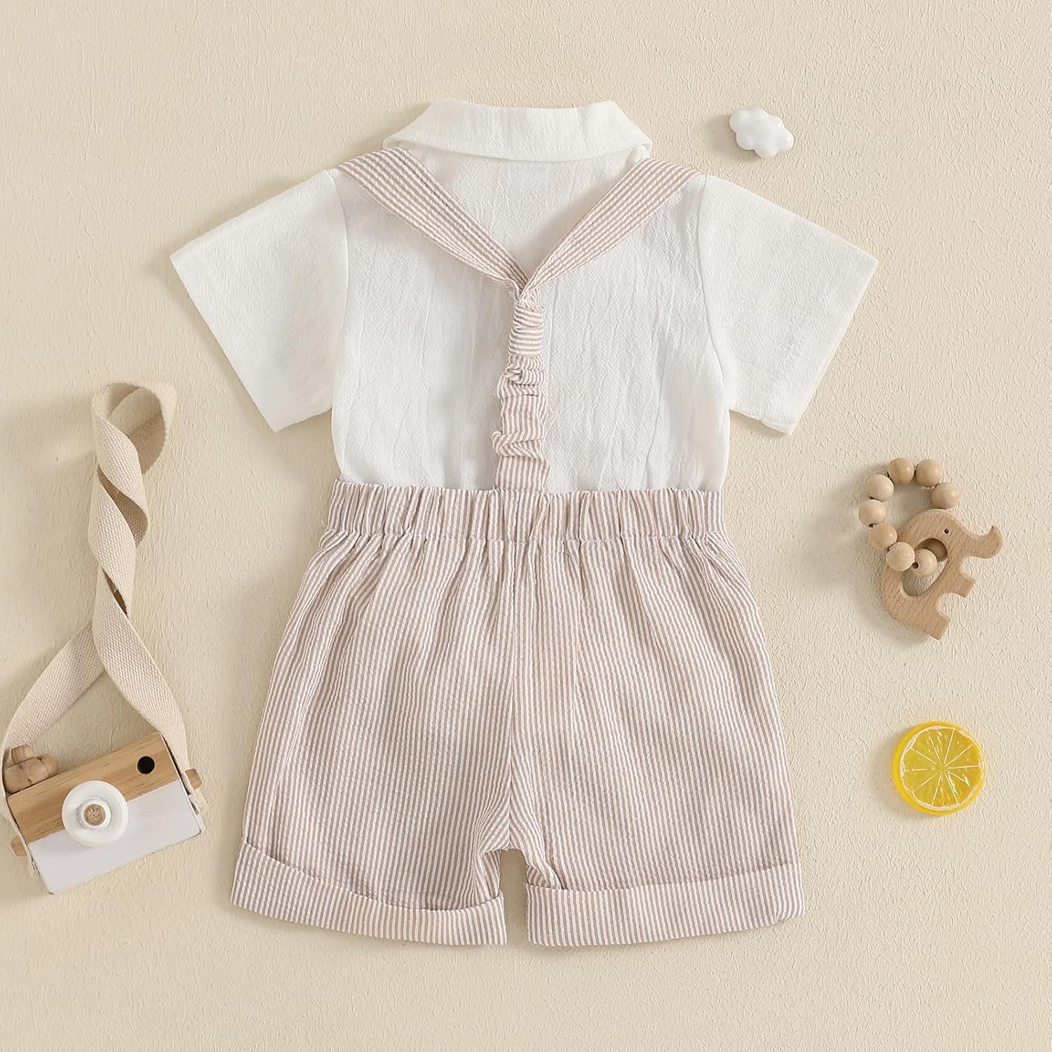 Baby Boy Gentleman Short Sleeve Lapel Neck Romper with Stripe Suspender Shorts and Bowtie - Image 4