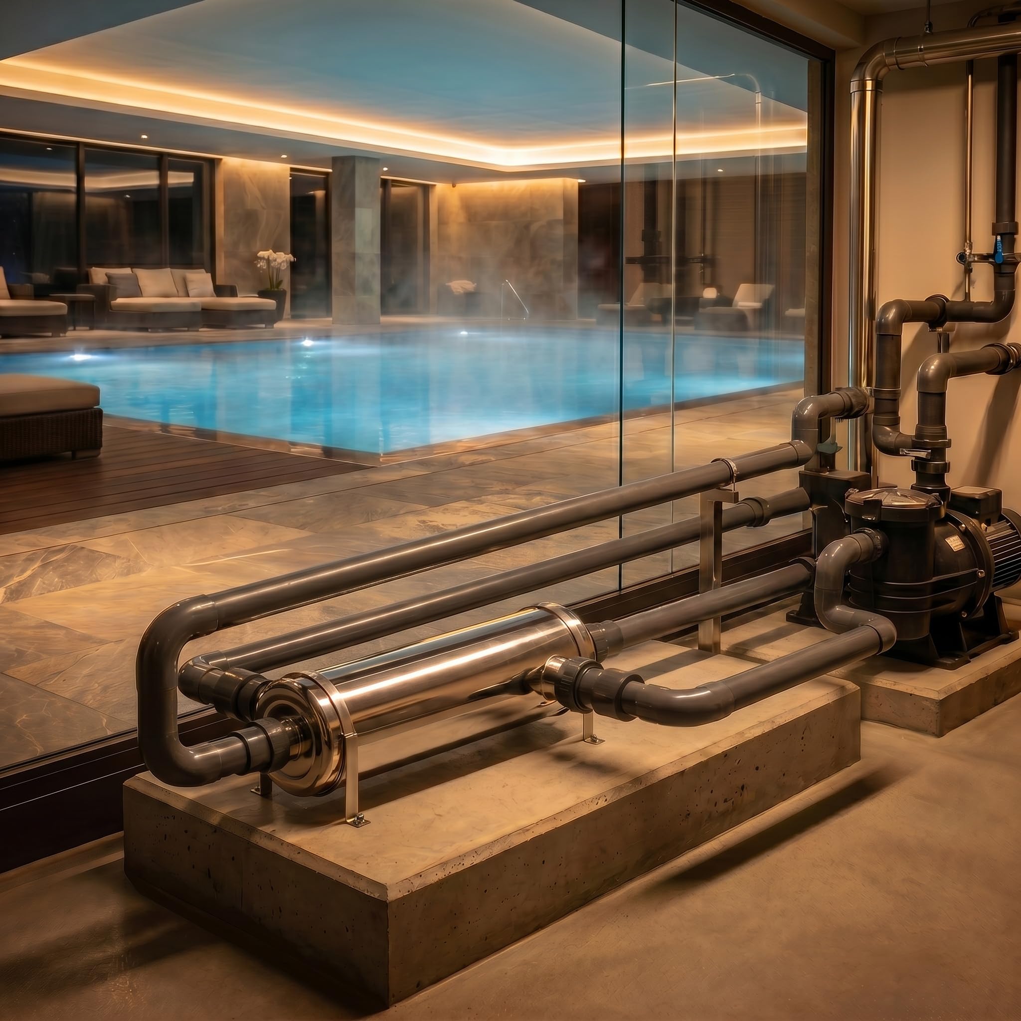 YRHome 40KW Edelstahl Pool Wärmetauscher (136000 Btu/h), stromlose Ausführung, effiziente Poolheizung für Private Kleinpools, SPA, Massageteiche & Thermalbecken