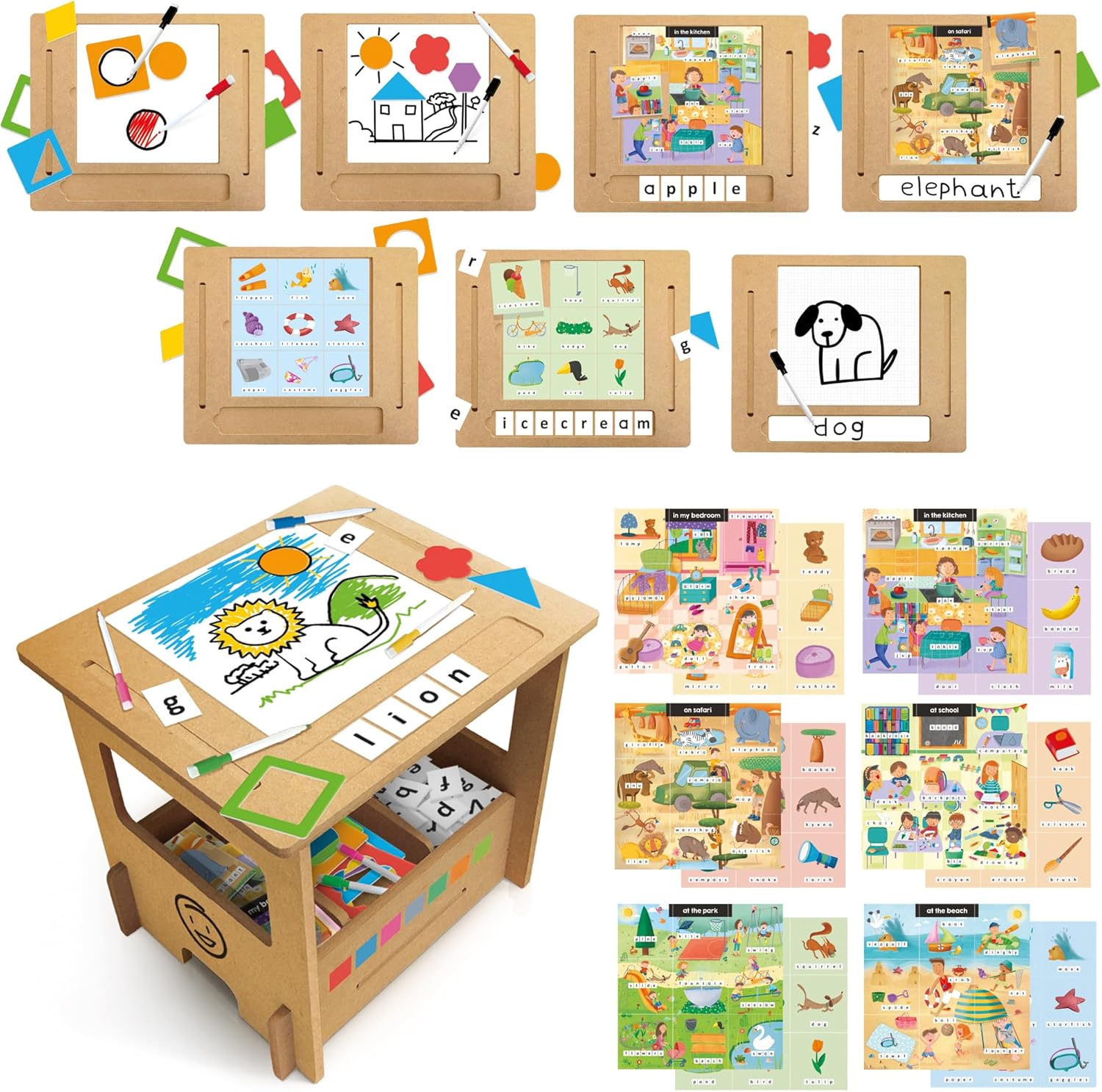 HEADU - Wooden Desk Writing School - Write and Draw Over 100 Words with the Seven-Step Method | Educational Wooden Writing Desk 3-6 Years, Early Reading and Writing, Montessori Inspired, Made in Italy