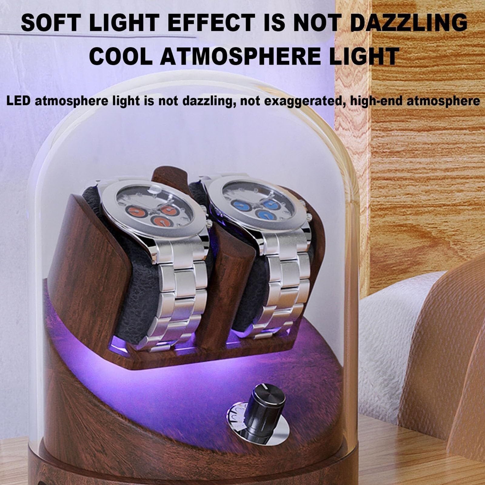 Reloj mecánico automático giratorio con doble epítopo agitador con luz ambiental LED, ajuste de 5 velocidades, parada cuando la cubierta está abierta, fuente de alimentación dual para decoración