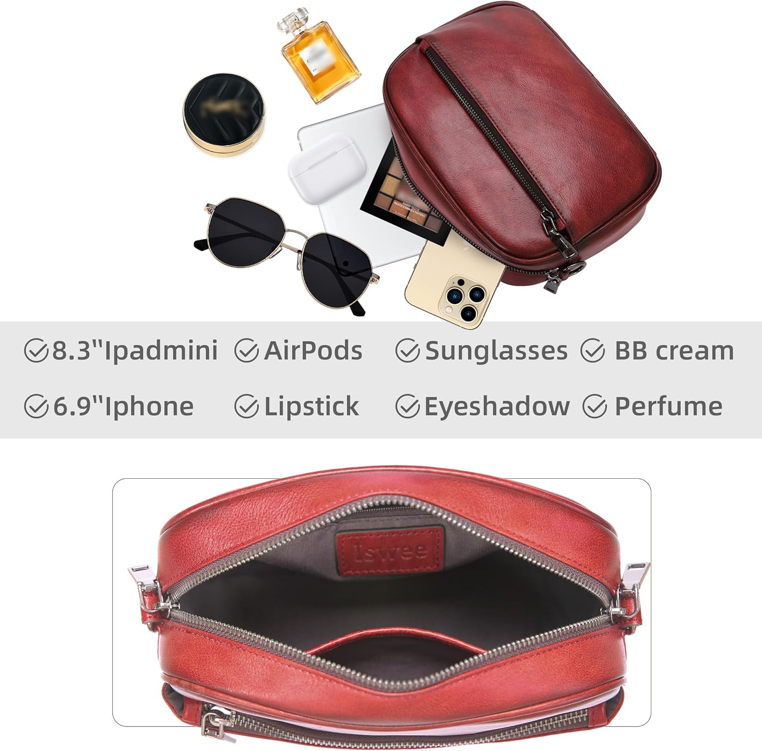 Iswee Leather Crossbody Bags for Women Vintage Shoulder Bag Small Satchel Purse Zippered Purse with Adjustable Strap - Image 6