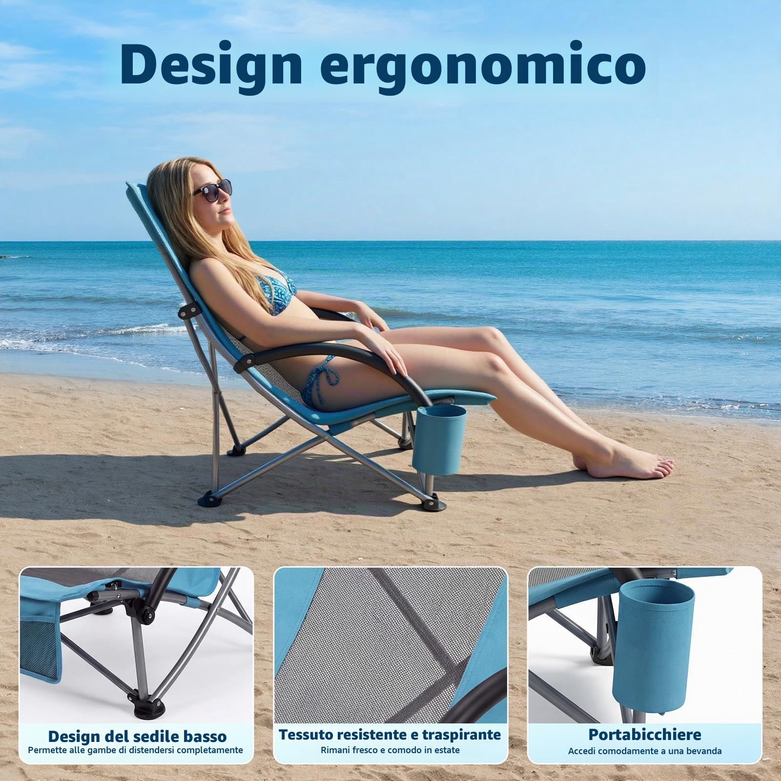 Garvee Set di 2 Sedie da Spiaggia Pieghevoli Leggere - Schienale Alto in Rete Traspirante - Braccioli Imbottiti, Portabicchieri, Tasca Portaoggetti - Struttura in Acciaio fino a 150kg