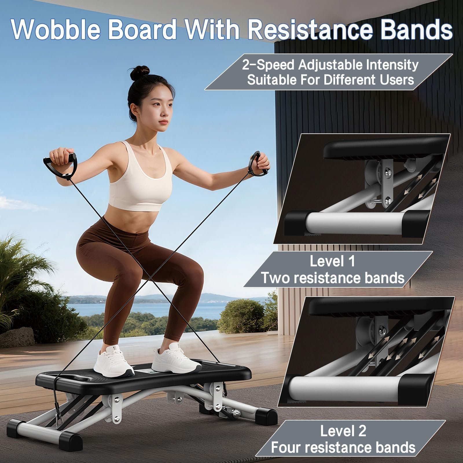 Slide Stepper Balance Board z taśmami oporowymi – podstawowy trener do treningów domowych, sprzęt do ćwiczeń całego ciała z monitorem LCD, regulowane poziomy i duża pojemność