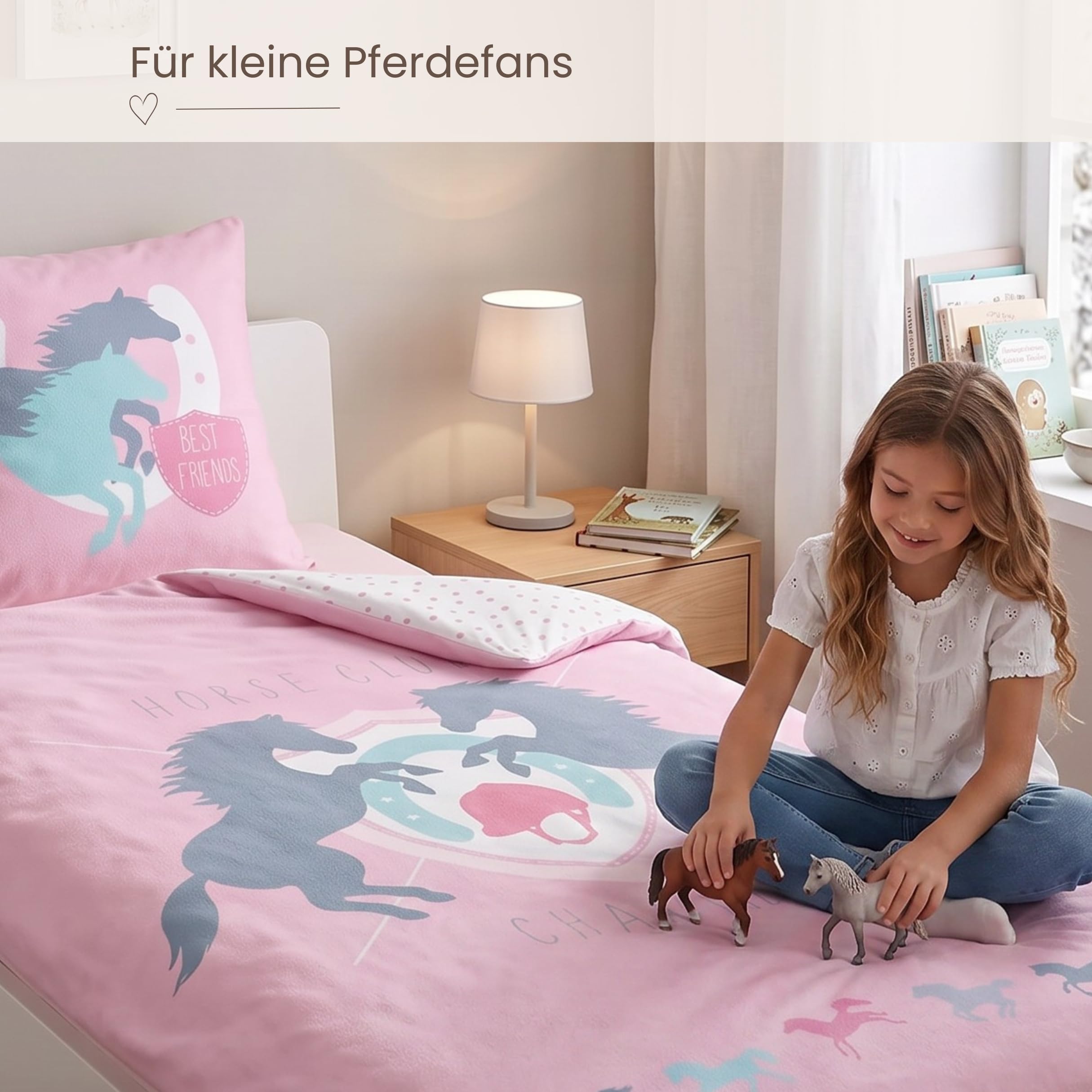 Caballos Juego de Ropa de Cama de Franela de · Chica Cama · Cama Infantil · Best Friends · Caballo & Puntos en Rosa, Color Blanco - Almohada 80 x 80 + Funda Nórdica 135 x 200 cm