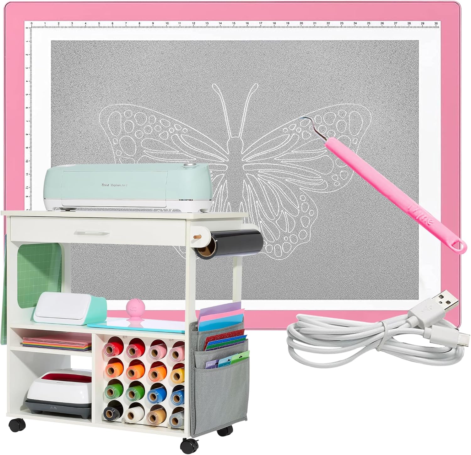 iVyne Rechargeable A4 Light Pad & Craft Cart – Ultra-Thin LED Light Board for Weeding Vinyl & Ultimate Storage Table for Cricut/Silhouette, Vinyl Rolls – Perfect for Artists & Crafters – Pink & White