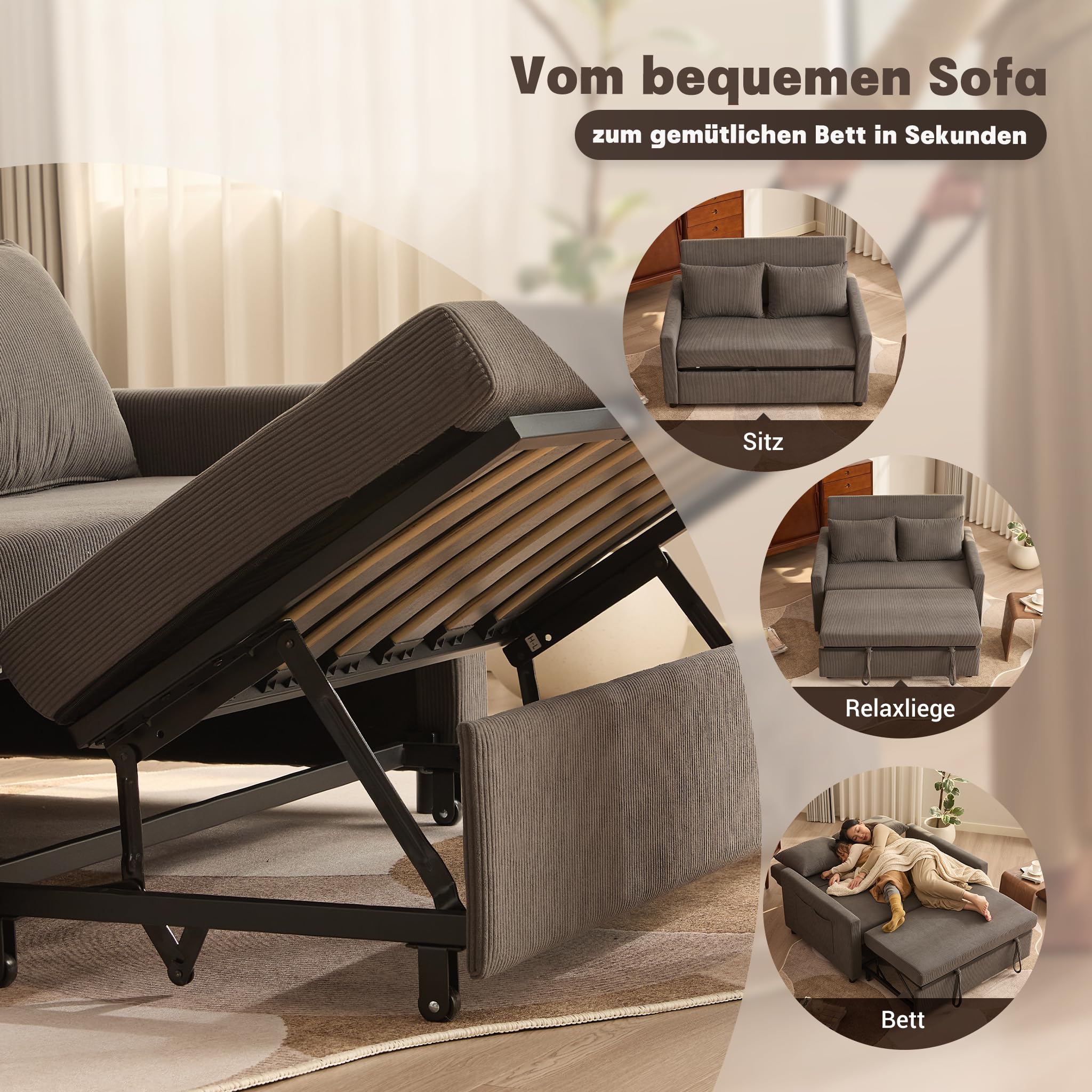 Schlafsofa 2-Sitzer, 3-in-1 ausziehbares Sofa Bett, Cordstoff Schlafcouch mit Verstellbarer Rückenlehne und Seitentaschen, für Wohnzimmer und Gästezimmer,Grau