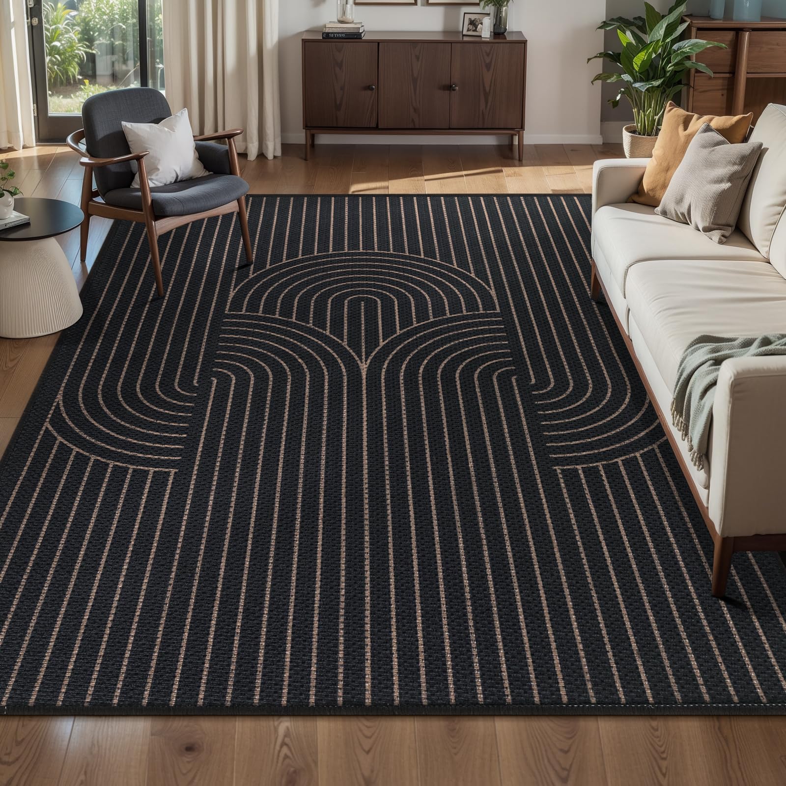 Photo 1 of Tangsoo Black Geometric Rainbow Easy Jute Area Rug,4x6 Washable Thin Rug for Patio,Non Slip Rubber Backing Indoor Outdoor Carpet Boho Farmhouse Throw Mat for Front Porch Bedroom Living Room