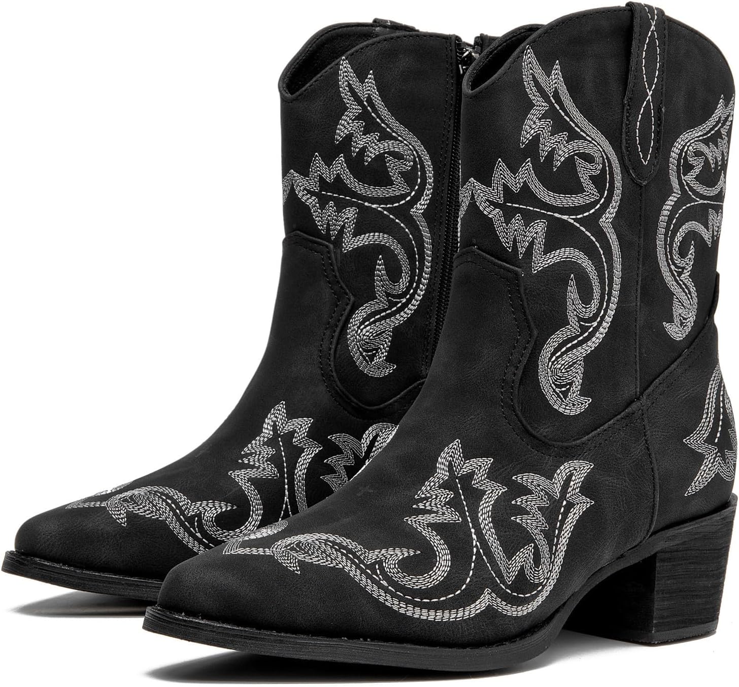 DADAWEN Western Boots for Women Embroidered Square Toe Cowgirl Boots Chunky Heel Pull-On Short Cowboy Boot Wide Calf Country Ankle Booties with Zipper