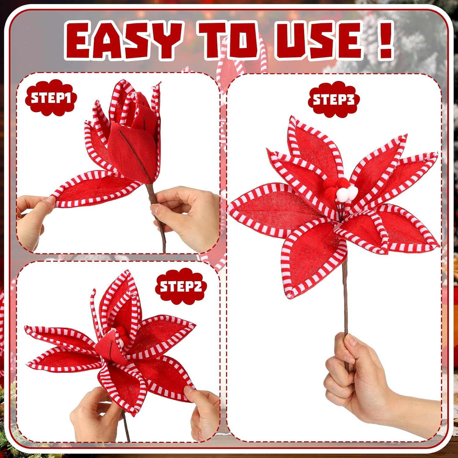 Canlierr 12 Pcs 13 x 10 Inch Red and White Christmas Poinsettia Flowers Decorations Large Candy Cane Christmas Tree Picks Ornaments Artificial Flowers for Xmas Tree Wreath Garland Party Vase Filler