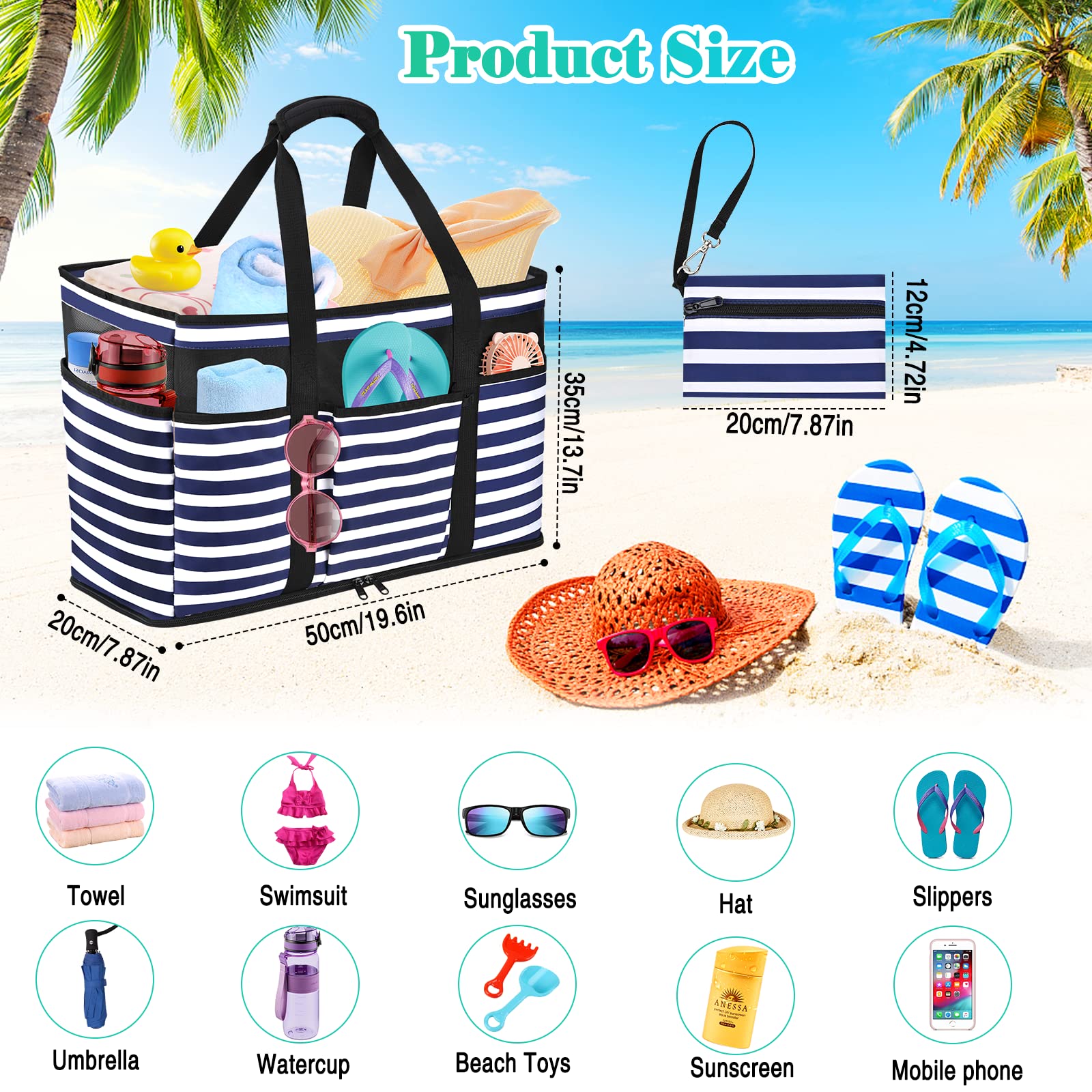 Grand Sac de Plage Femme XXL, Sac de Plage XXL Extra Large Famille en Maille Pliable pour Femme avec Fermeture Éclair, Grand Poches Sacs à Cabas pour Plage Voyages Gym Piscine 45L