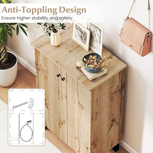 Miniatura 7 de Giantex Zapatero con puertas, zapatero estrecho de 4 niveles con estantes extraíbles, armario de almacenamiento de zapatos de madera independiente