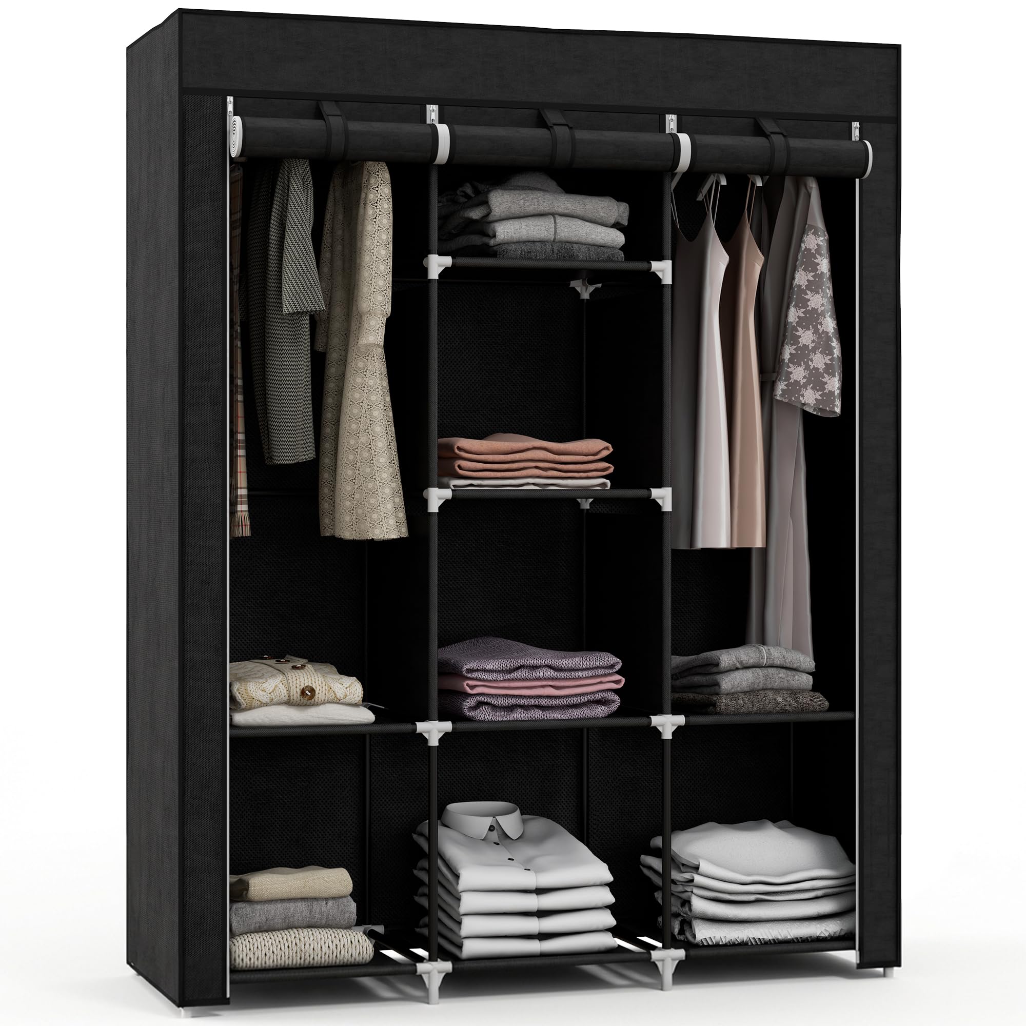 HOMCOM Armario de Tela Plegable, Armario Portátil con 2 Barras para Colgar, 8 Estantes, Marco de Acero, para Dormitorio, Vestidor, 125x43x162,5 cm, Negro