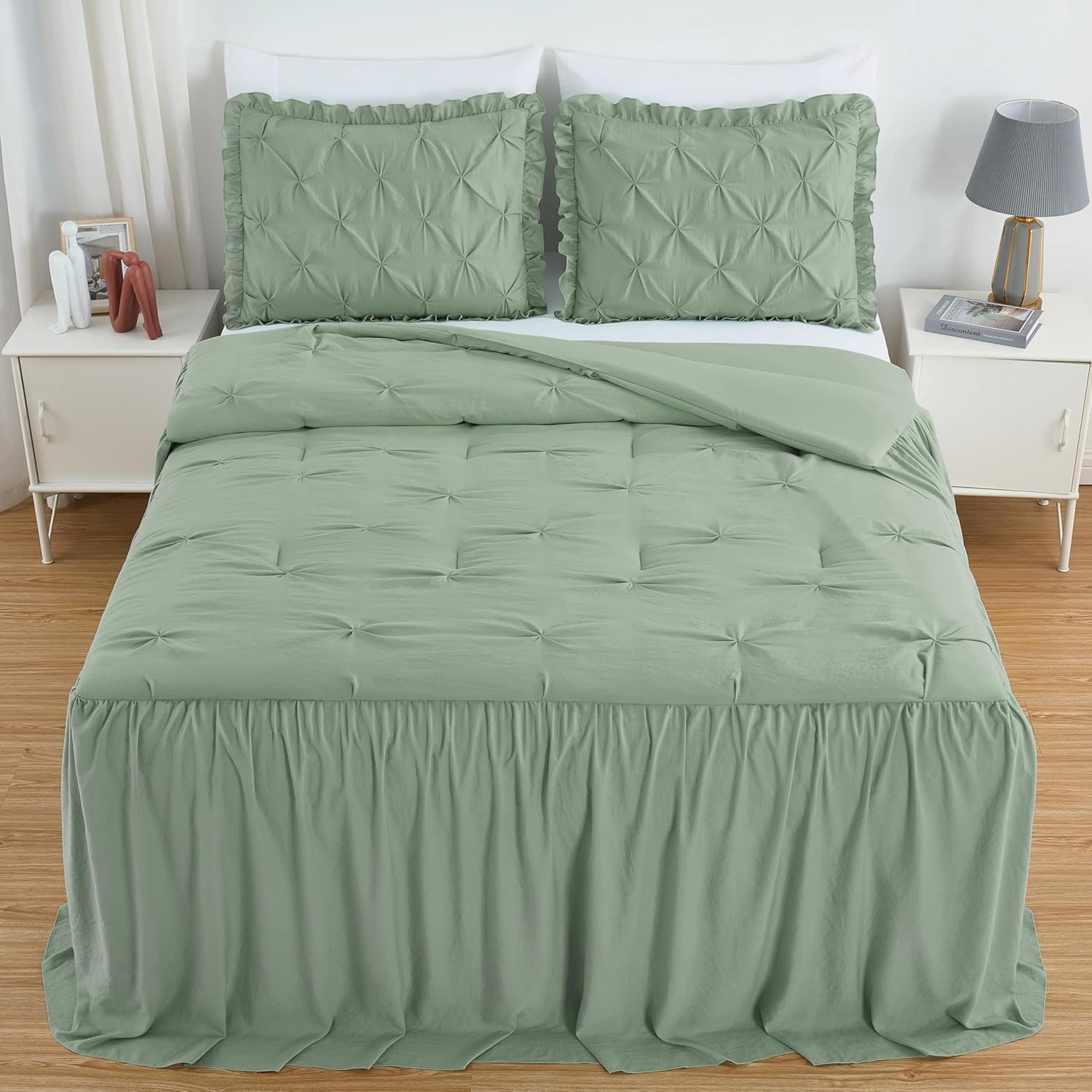 Chezmoi Collection Aria 3-Piece Pintuck Ruffle Skirt Bedspread Set - Lightweight Pinch Pleat Crinkled Texture Microfiber Bedding - French Country Chic Farmhouse - Queen, Sage Green