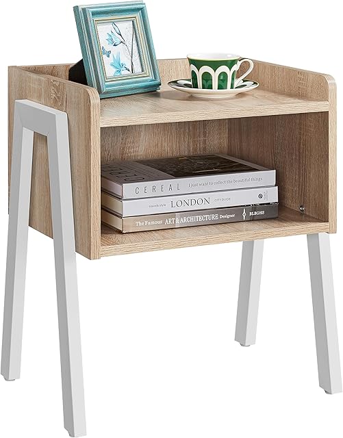 Yaheetech Bedside Table, Stackable Side Table with Open Storage, 2-Tier Wood Look End Table with Metal Frame, Retro Rustic Accent Furniture for Living Room/Bedroom, Light Oak