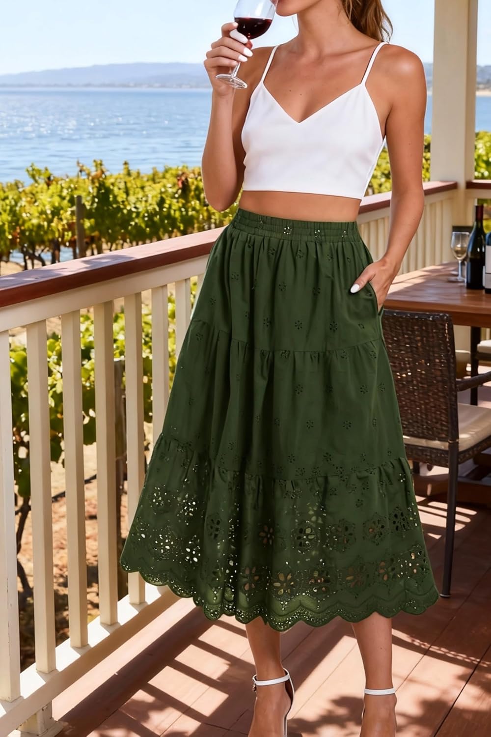 Women's Summer Elastic High Waist A-Line Vintage Embroidery Lace Tiered 2026 Casual Vacation Boho Midi Skirts - Image 6
