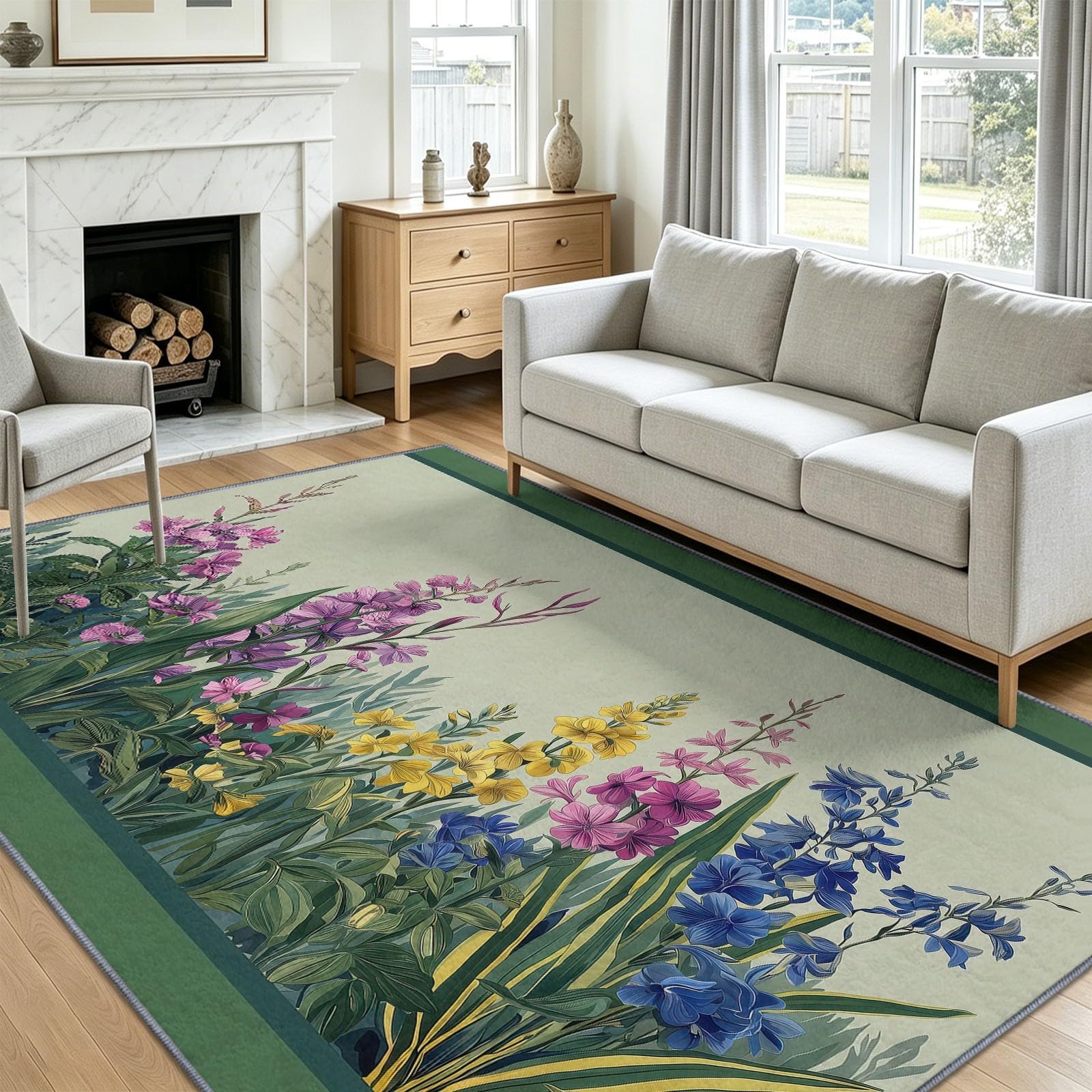 Tappeto con fiori e foglie, 80 x 150 cm, per camera da letto, con piante ad acquerello, morbido, antiscivolo, lavabile, per soggiorno, sala da pranzo, ingresso, interni