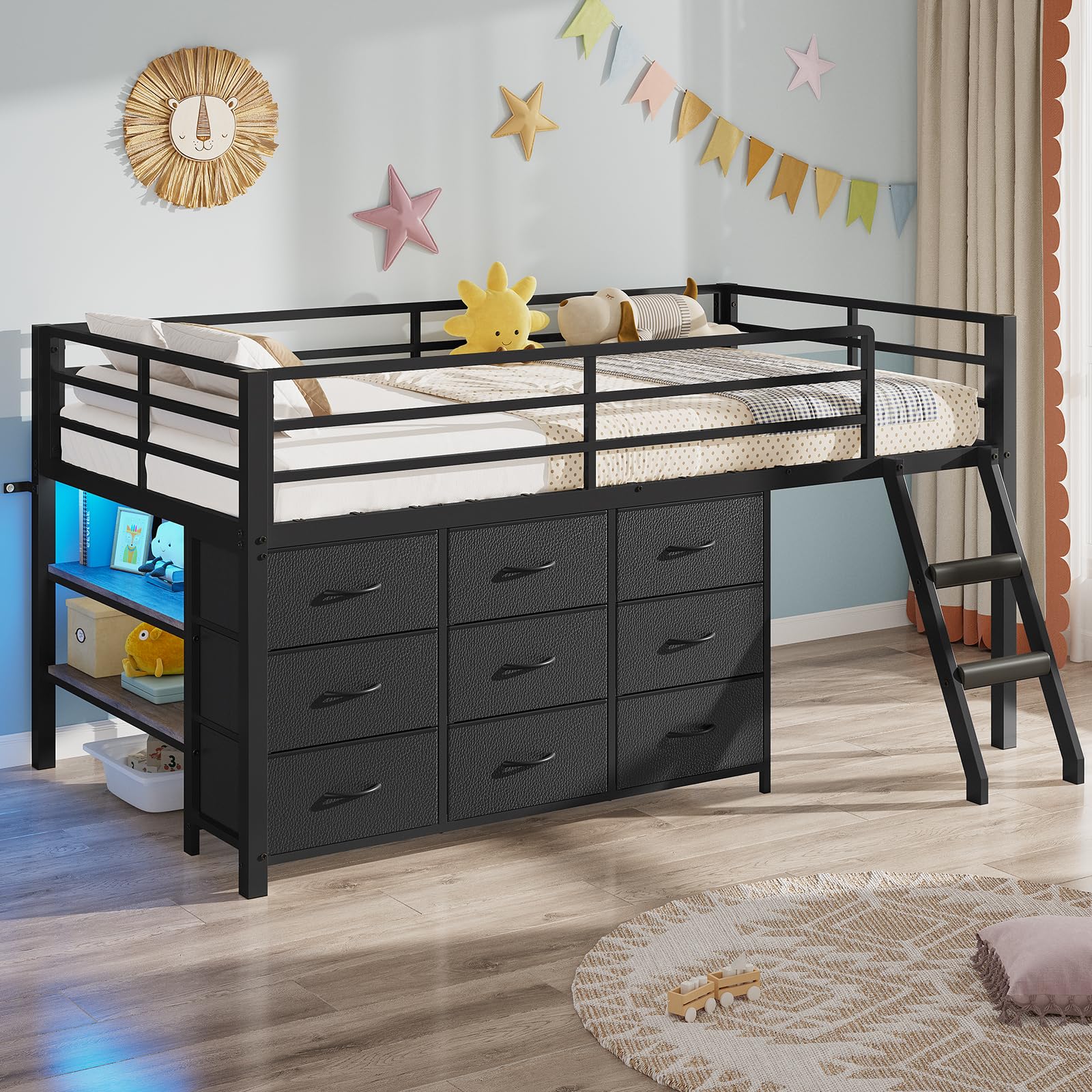 BTHFST Twin Loft Bed for Kids, Low Loft Bed Twin Size with 9 Storage Dresser, LED Lights, 2 Storage Shelves & Stairs, Metal Black Bed with Safety