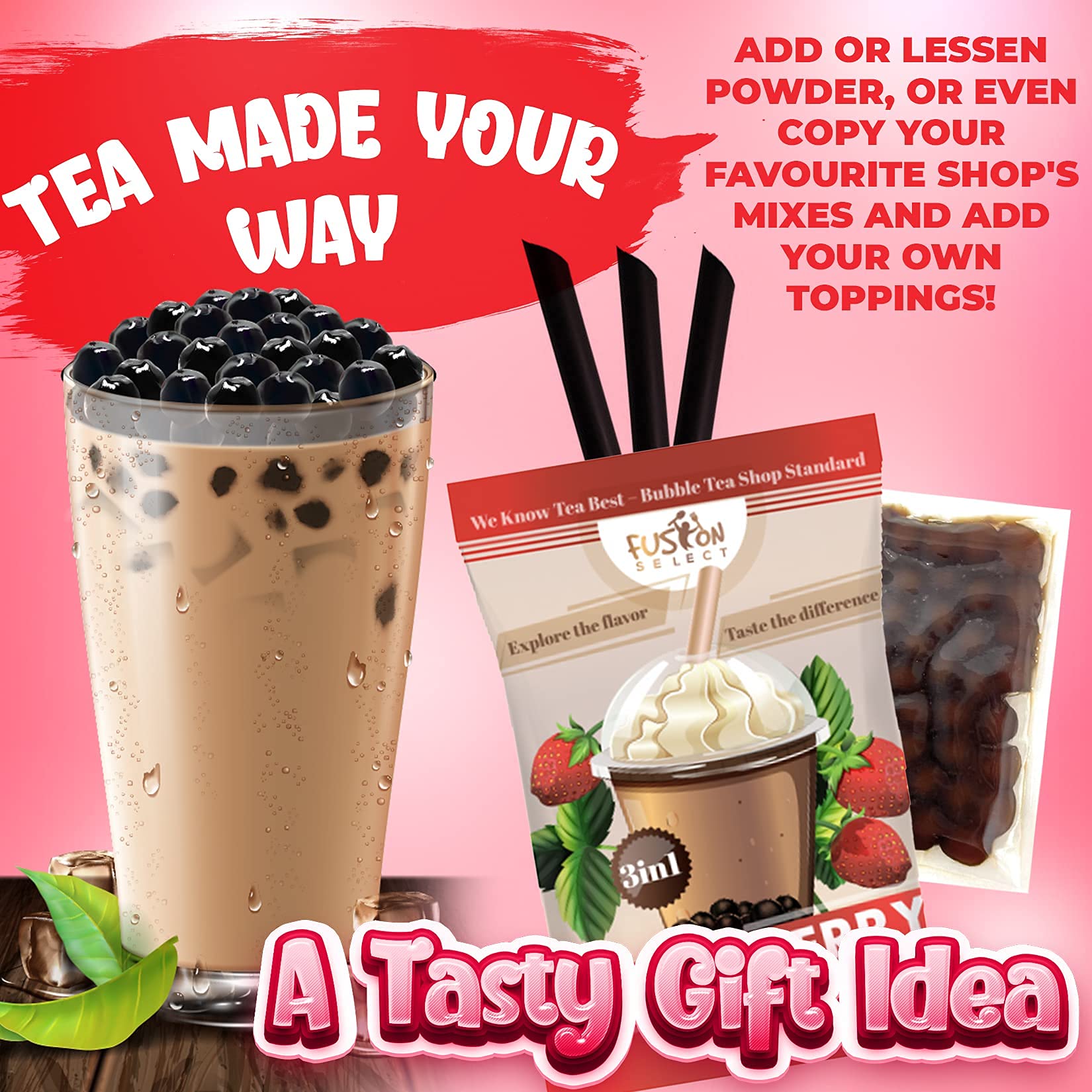 Fusion Select Authentic Brown Sugar Bubble Tea Kit Strawberry Bubble