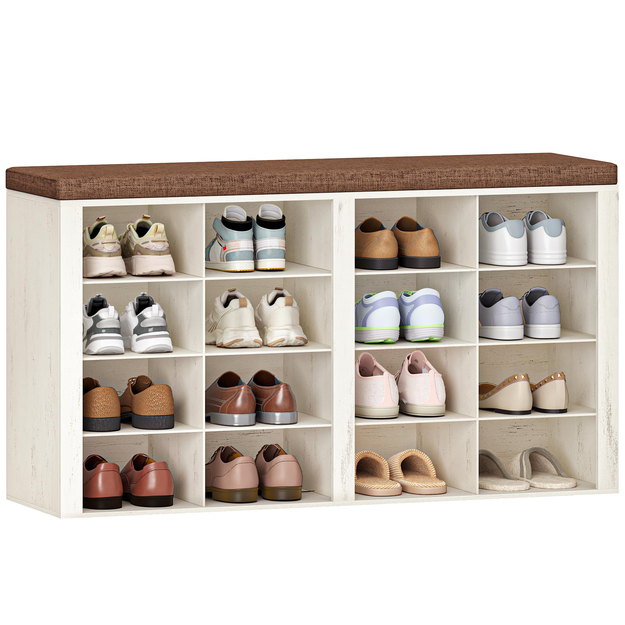 Hzuaneri Shoe Storage Bench with Padded Seat, Shoe Rack Bench with 16 Open Compartments, Adjustable Shelves, Shoes Cabinet with Cushion for Hallway, Living Room, Bedroom, White and Brown, SB25614KA