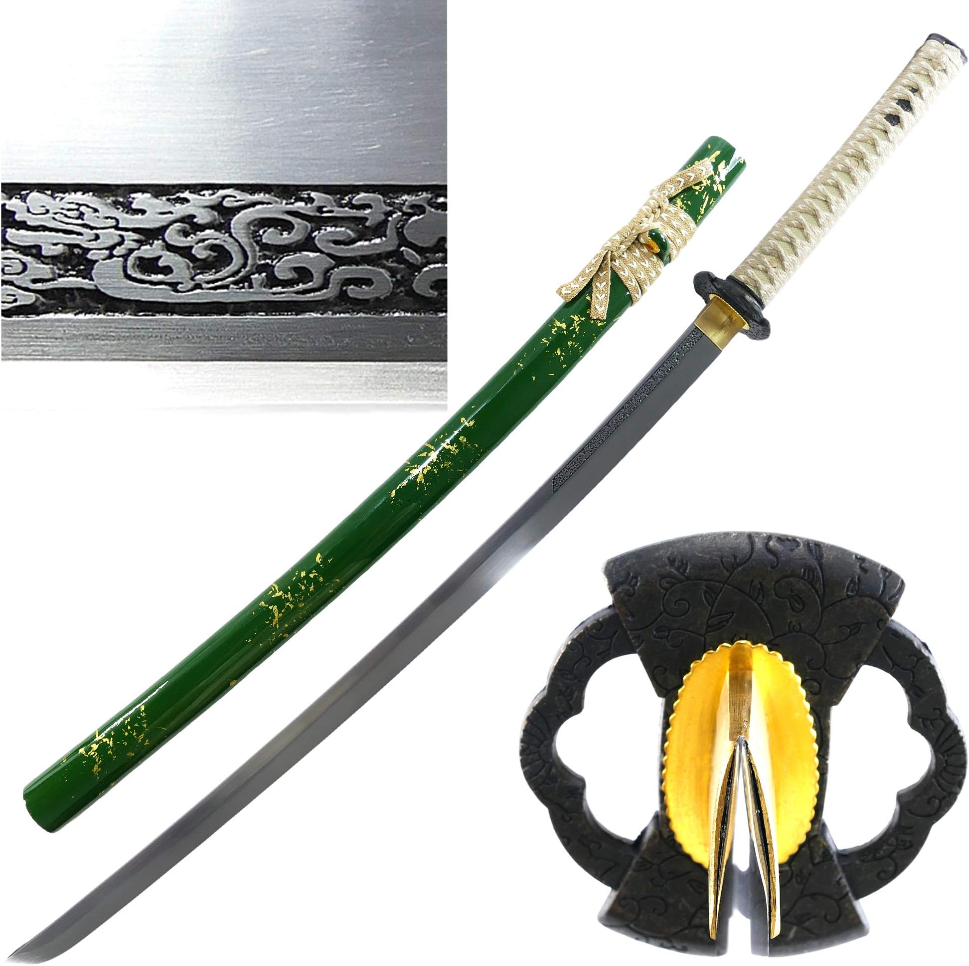 MAKOTO Handmade Olive Green Sharp Katana Samurai Sword 40", Vine Tsuba