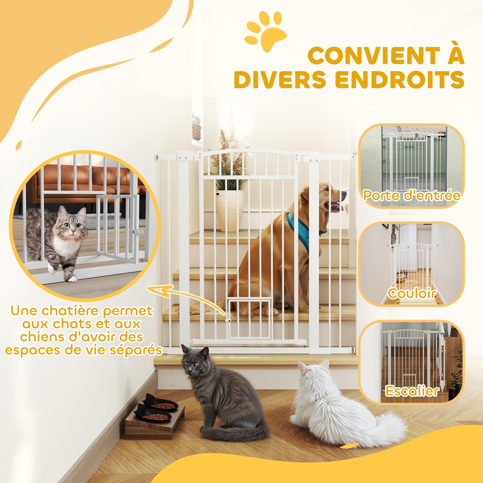 PawHut Barrière de sécurite Chien Extensible 76-104 x 106 cm, barrière d'escalier et de Portes avec système de Double Verrouillage, Montage par Pression ou perçage, barrière de Chien et Chat, Blanc