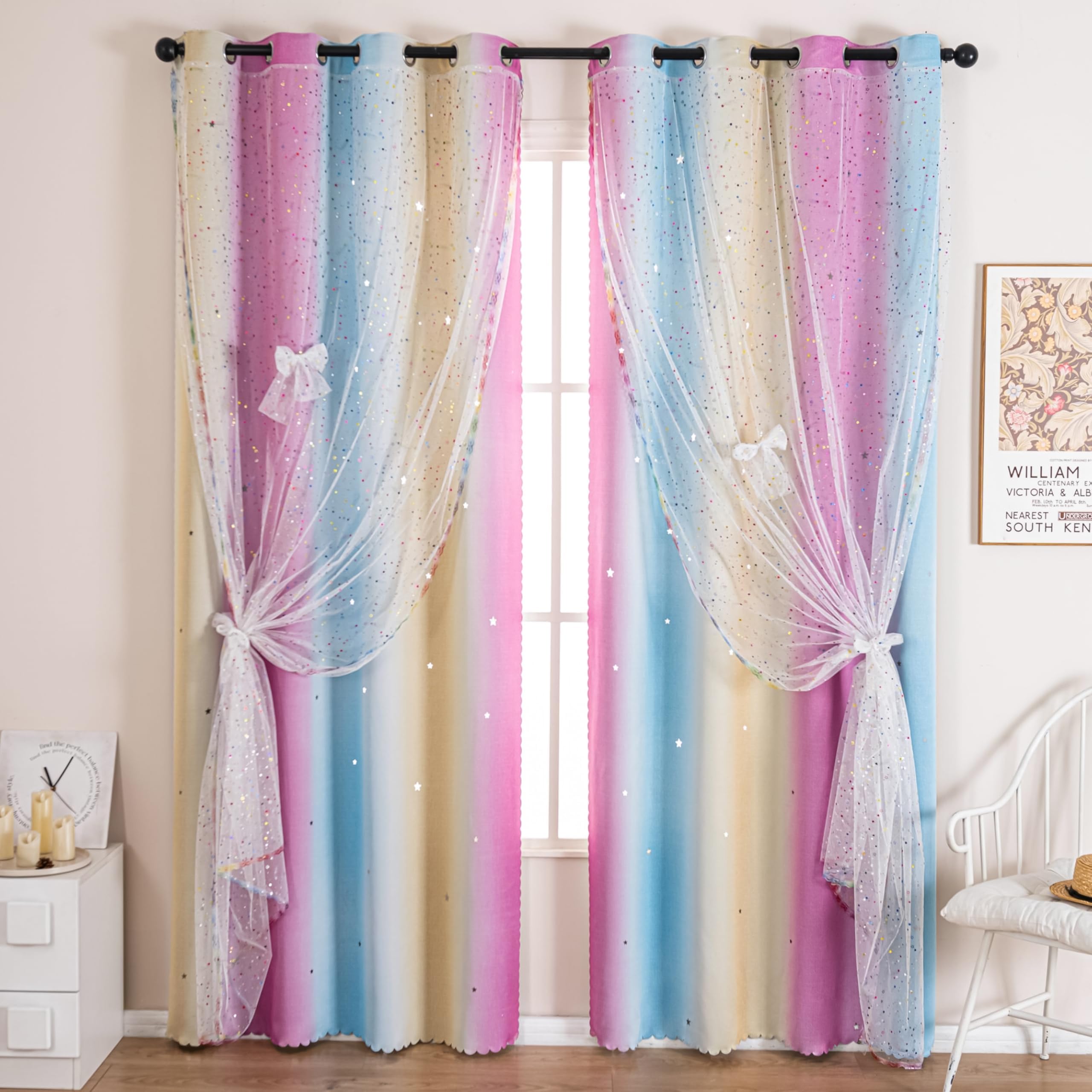 Mix & Match Double Layer Laser-Cut Stars Gradient Blackout Curtains with Foil Print Sheer, 2 Panels Set for Bedroom, Nursery, Living Room - Yellow Purple Blue, 52W x 108L