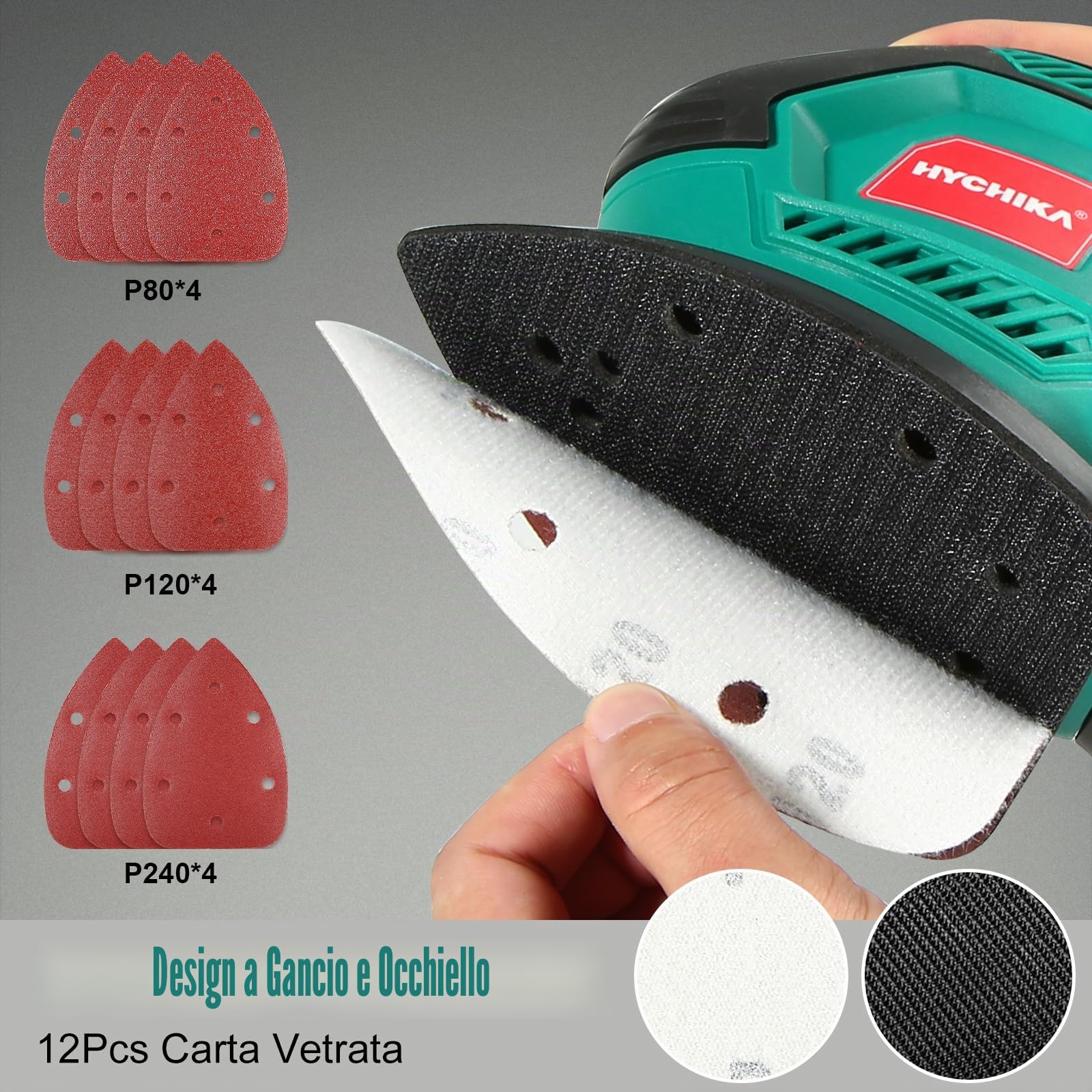 HYCHIKA Levigatrice per Legno, 200W Levigatrice Mouse, 14000RPM con Raccolta Polvere, 12PCS Carte Abrasive(240/120/80 Grani, per Multipli Angoli, Legno, Metallo, cavo elettrico