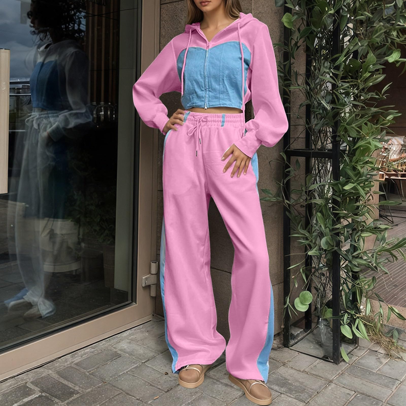 Ensemble 2 pièces rétro décontracté pour femme - Sweat à capuche et pantalon de jogging - Taille courte