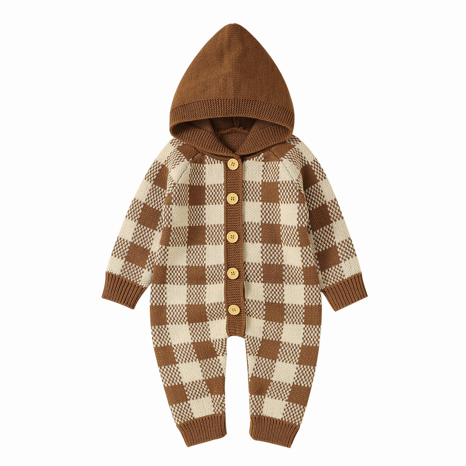 RNTOP Baby Girl Boy Sweater Romper Hooded Jumpsuit Infant Plaid Long Sleeve Knit Sweaters Bodysuit (Coffee, 6-9 Months)