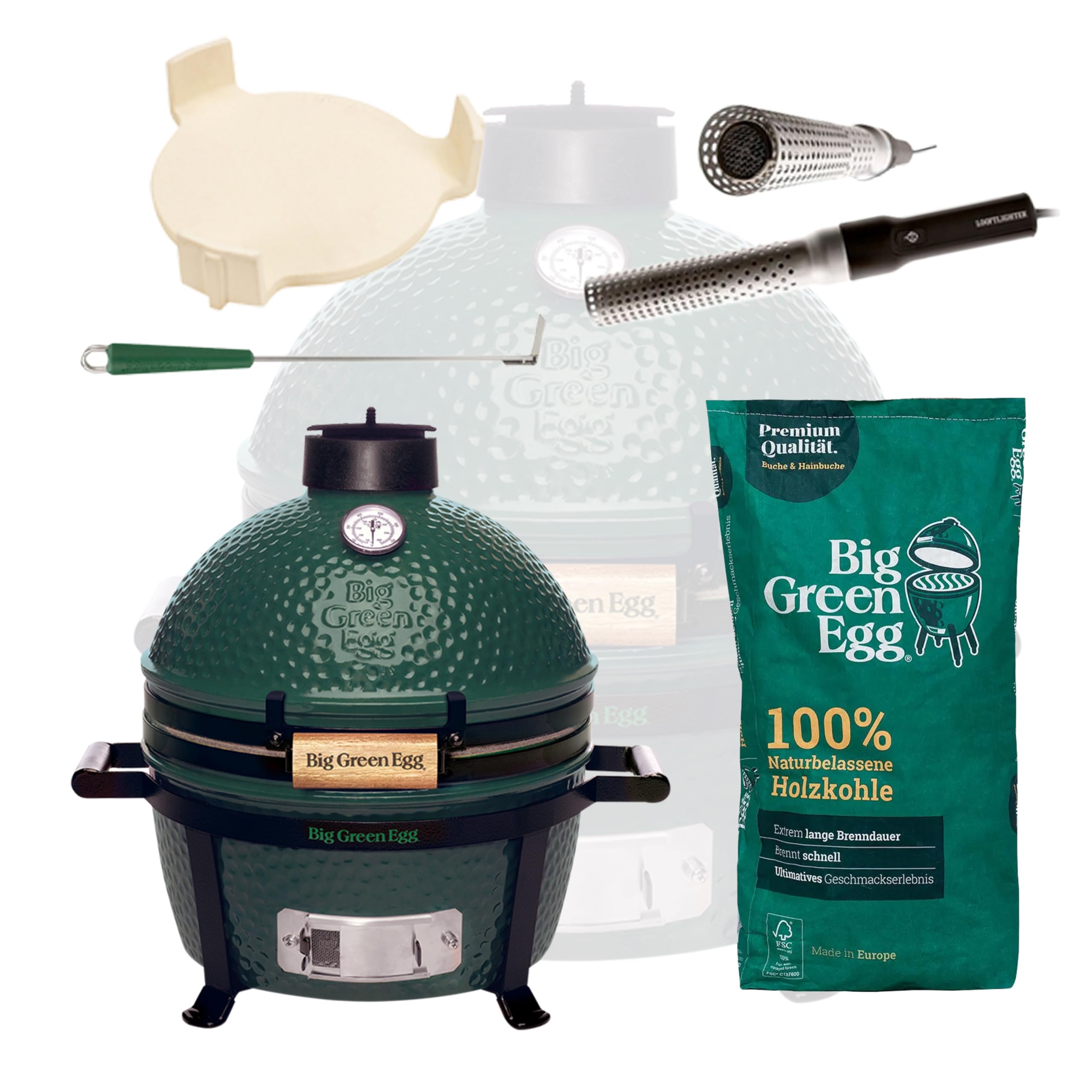 Big Green Egg MiniMax Keramikgrill EGGtastischer Starter Deal mit Grill Zubehör Mini Kamado mit Kohle, ConvEGGtor, Ascheschieber und Looftlighter Artikelnummer AMXHD3
