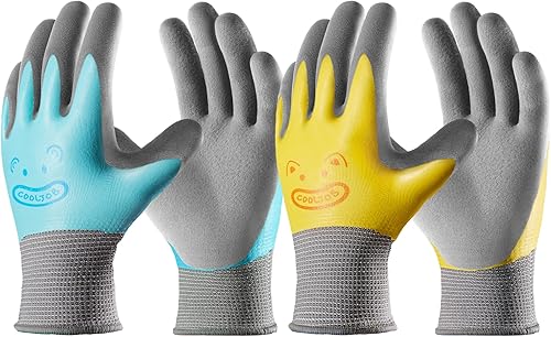 COOLJOB Guantes de jardinería impermeables para niños, doble revestimiento de goma para jardín, 2 pares S