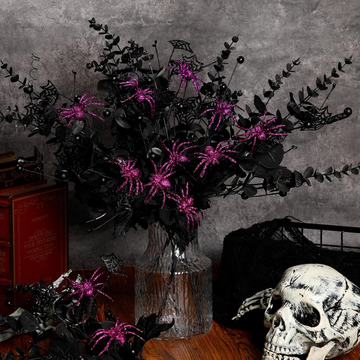 Giegxin 10 Pcs Halloween Floral Picks Halloween Decorations 19.5inch Black Artificial Flowers Branches Eucalyptus Stems Glitter Spiderweb Maple Leaf Stems for Home Indoor Party Vase Arrangement Decor - Image 3