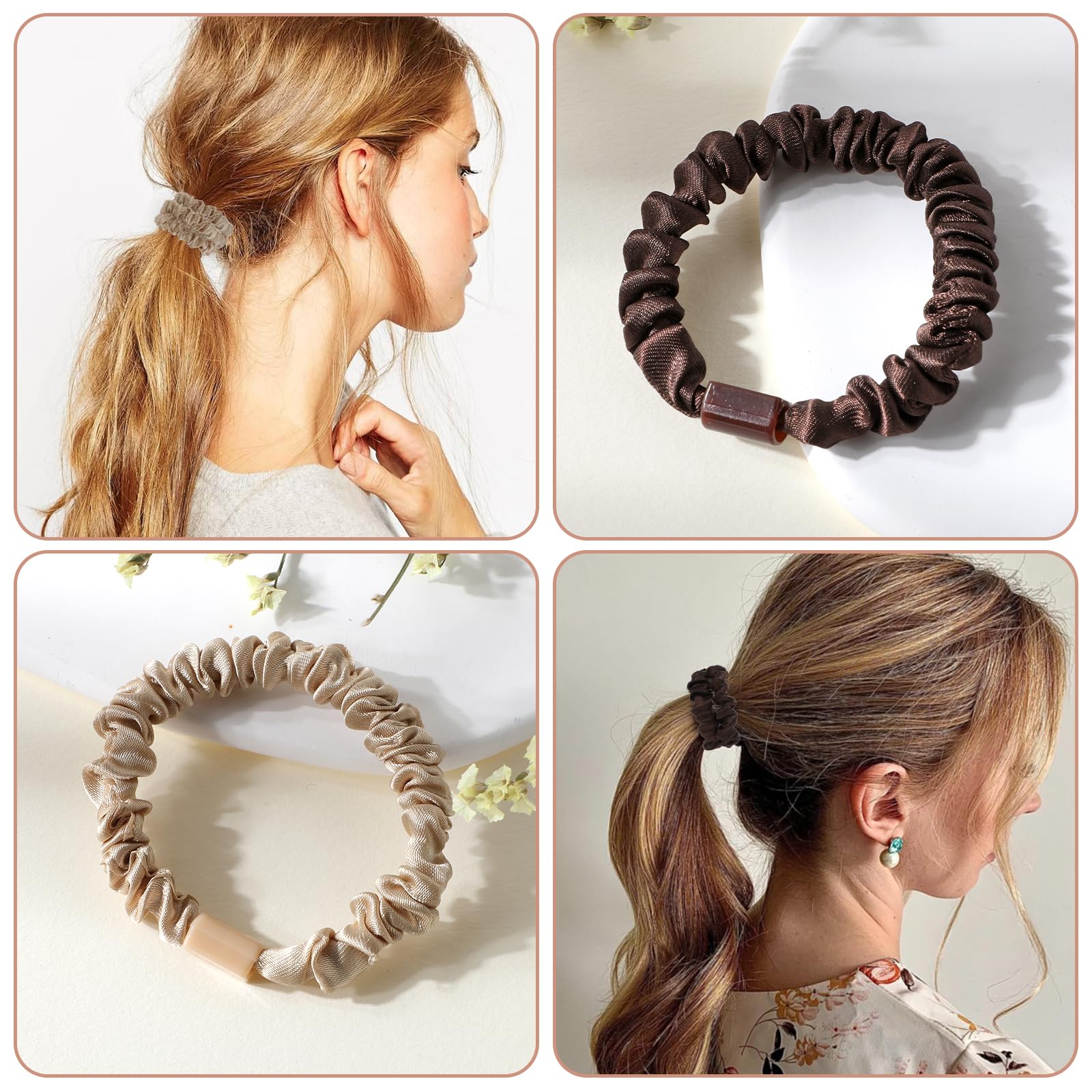 12Pcs Silk Skinny Scrunchies Set 100% Pure Mulberry Silk Hair Ties For Girls Elastics Hair Bands Ponytail Holders Cute Soft Satin Sleepy Hair Scrunchie For Women Girls Thick Thin Curly Hair No Damage - Image 4
