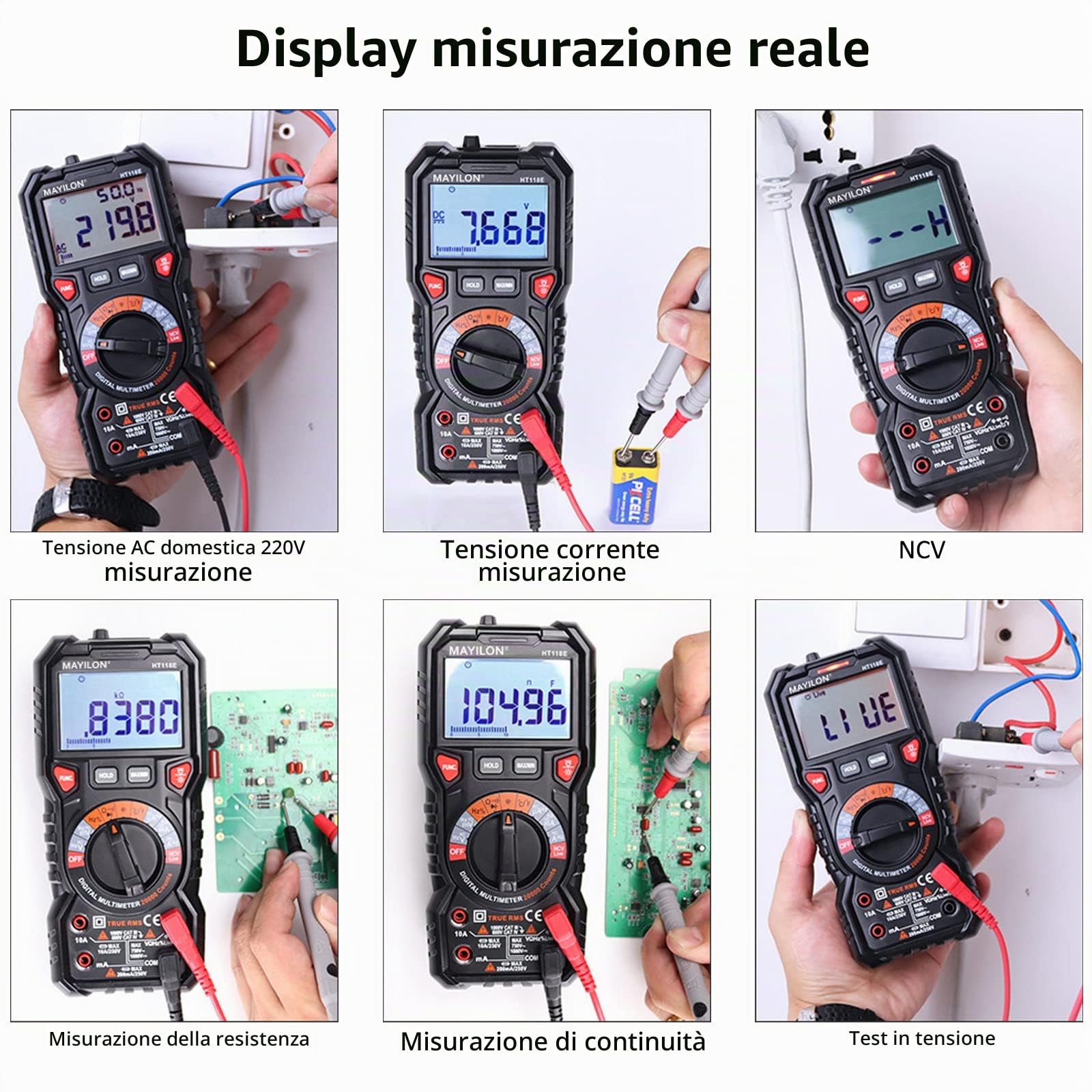 HT118E 20000 Conta Multimetro Digitale, Voltmetro Amperometro TRMS con NCV e Rilevamento di LIVE, Misura AC/DC Tensione e Corrente, Temperatura, Capacità, Resistenza, Diodi, Continuità, Frequenza