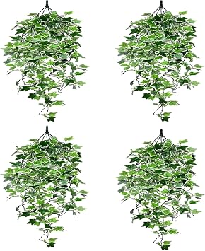 4pcs White-Bordered Sweet Potato Leaves Artificial Hanging Plants, 3.44ft Fake Hanging Plant, 5 Forked Fake Ivy Vine Plants Artificial Vines for Wall Indoor Outdoor Garden Decoration