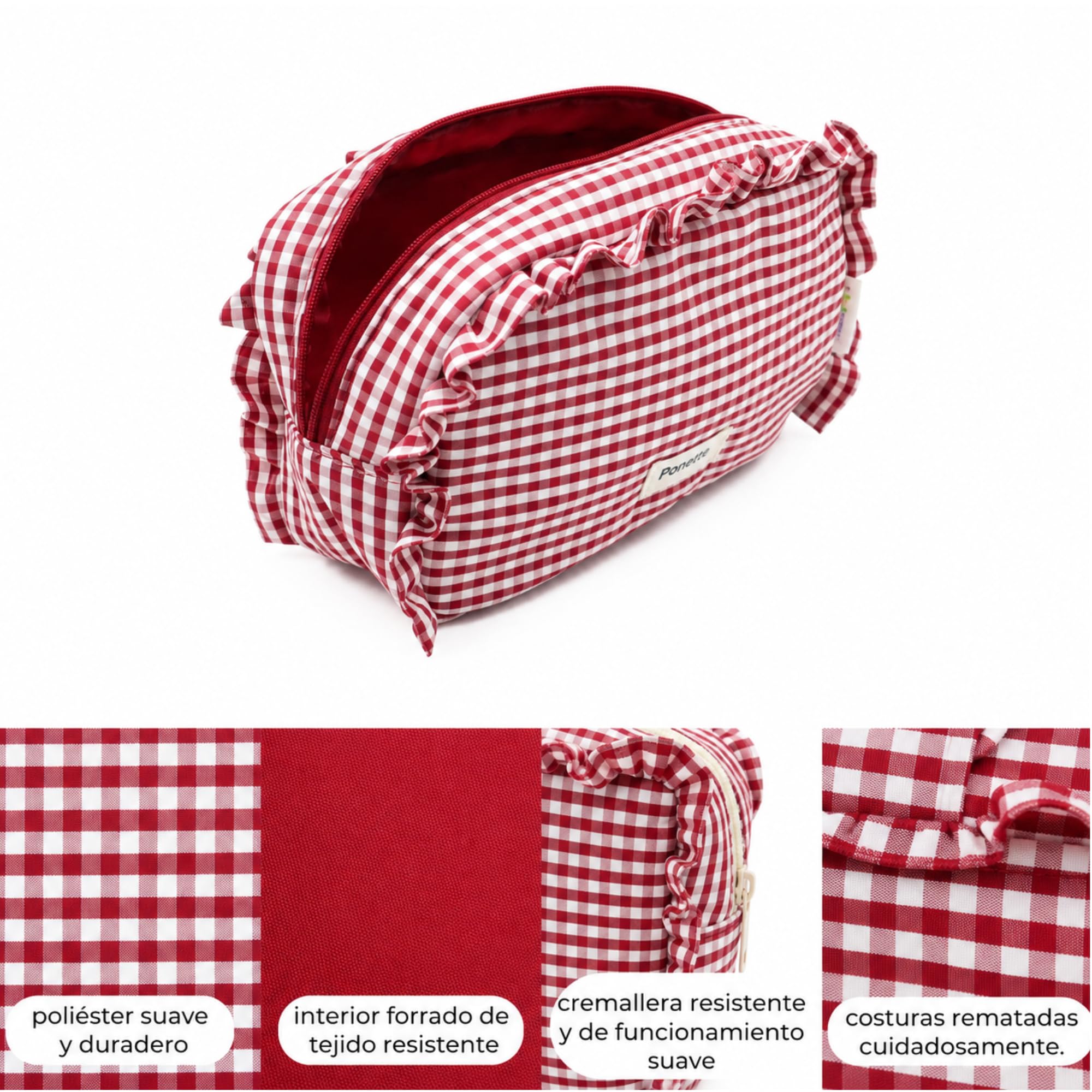 PONETTE - Neceser Mujer A Lo Loco, Vichy Cuadro Rojo, Chica, Estilo, Divertido, Juvenil, Bolsa de Aseo, Viaje, Tocador, Estuche, Marca Española