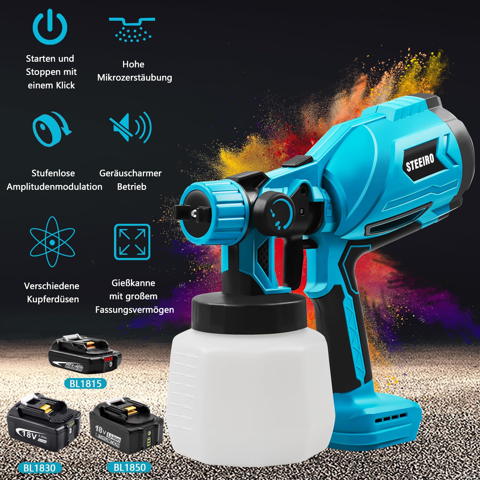 Kabellose Farbspritzpistole Für Makita Akkus - 600W HVLP Mit 3 Düsen Für Innen & Außen