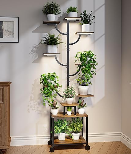 Soporte para plantas de 9 niveles con ruedas, estante alto de metal y madera para plantas de interior con diseño de árbol, estante rodante para