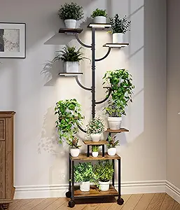 Plant Stand Indoor with Grow Lights - 9-Tier Plant Stand with Wheels, Tall Metal and Wood Indoor Plant Shelf with Tree Design, Rolling Flower Pot Holder Rack with Waterproof Finish, Adjustable Display Stand for Home Garden, Patio, 62
