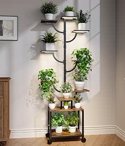 Plant Stand Indoor with Grow Lights - 9-Tier Tall Metal and Wood Indoor Plant Shelf with Wheels, Adjustable Brightness, and Timer