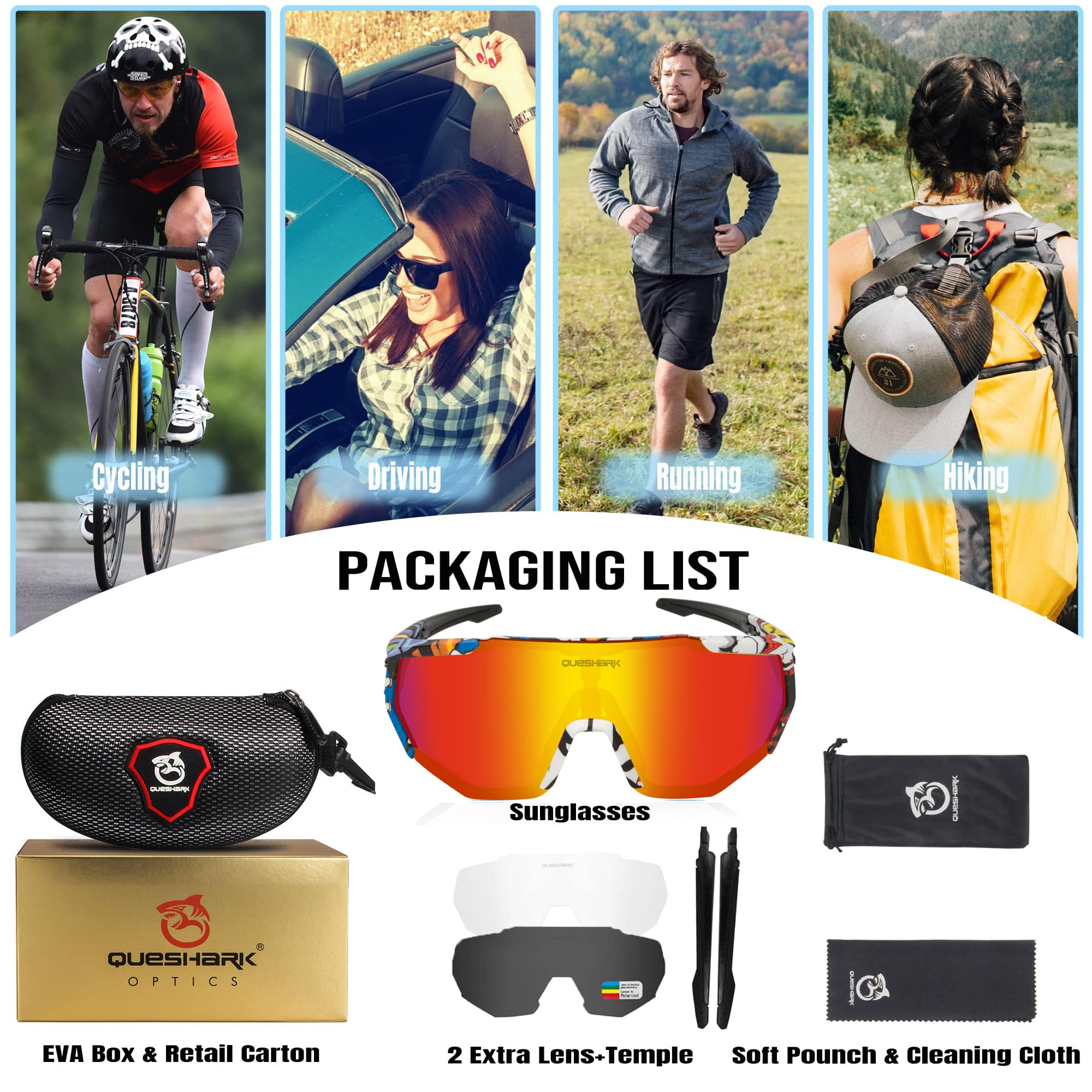 Queshark Polarizzati Anti-UV Occhiali da Ciclismo Bici MTB Intercambiabili per Sport Uomo Donna Guida Pesca Golf Baseball Corsa