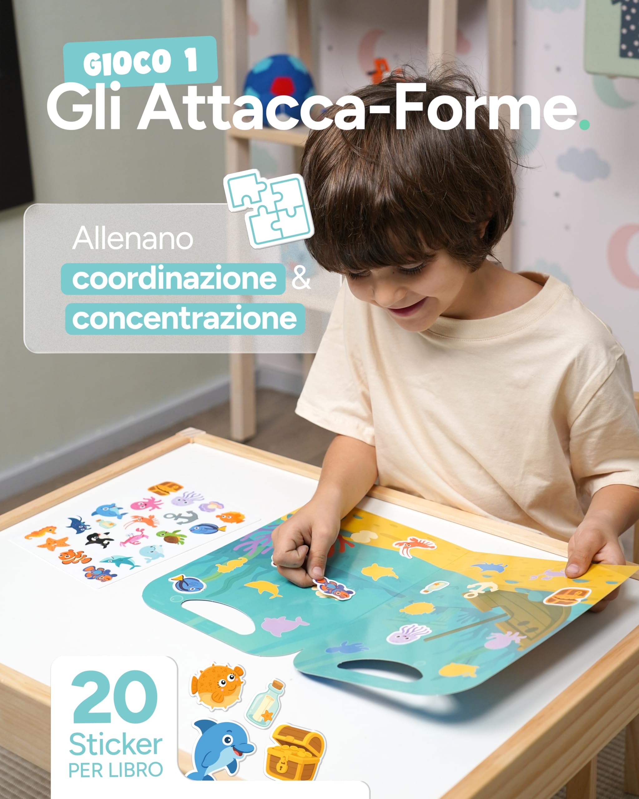mycustomy - 6 Libri Stickers Bambini Attacca Stacca 1+ BPA Free con 120 Adesivi Riutilizzabili e Lavabili