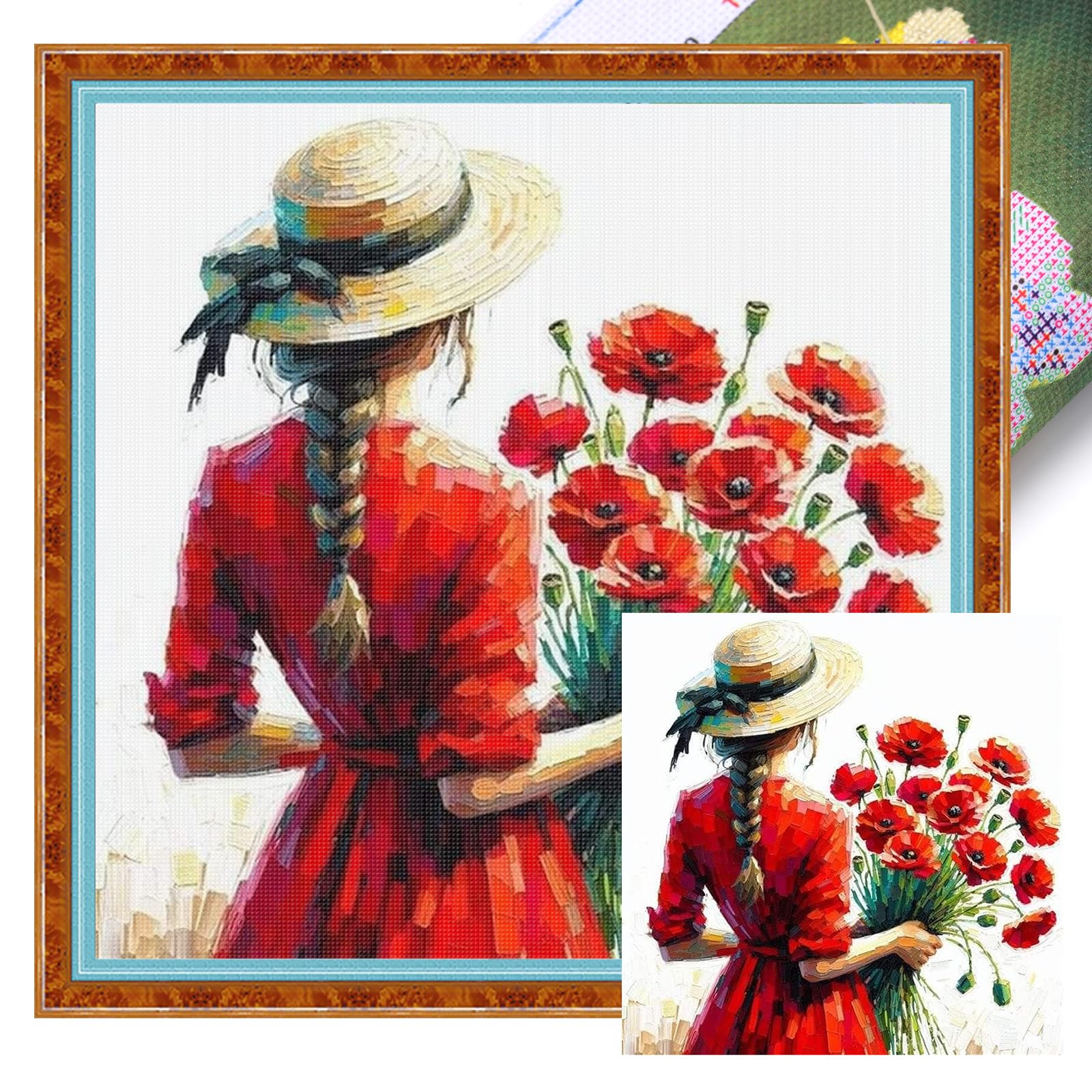 Poetrydraw Poppy Lady Full 11Ct Diy Stamped Cross Stitch Kits For Beginners Adults Home Decor Cross Stitch Art And Crafts Kits 17.55X17.55in (Poppy Lady)